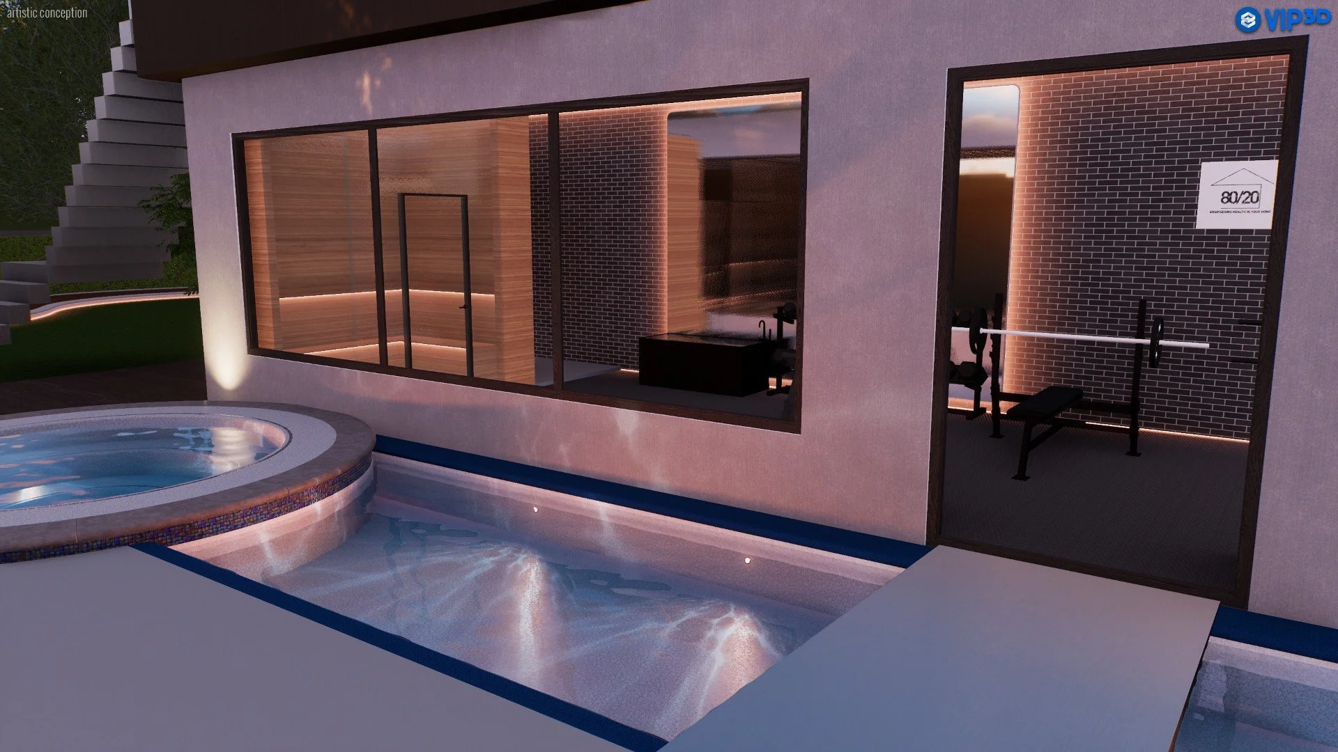 Exterior view of a modern house with large glass windows, an outdoor pool with a rounded hot tub, and a workout area with weightlifting equipment inside, illuminated with ambient lighting at dusk.