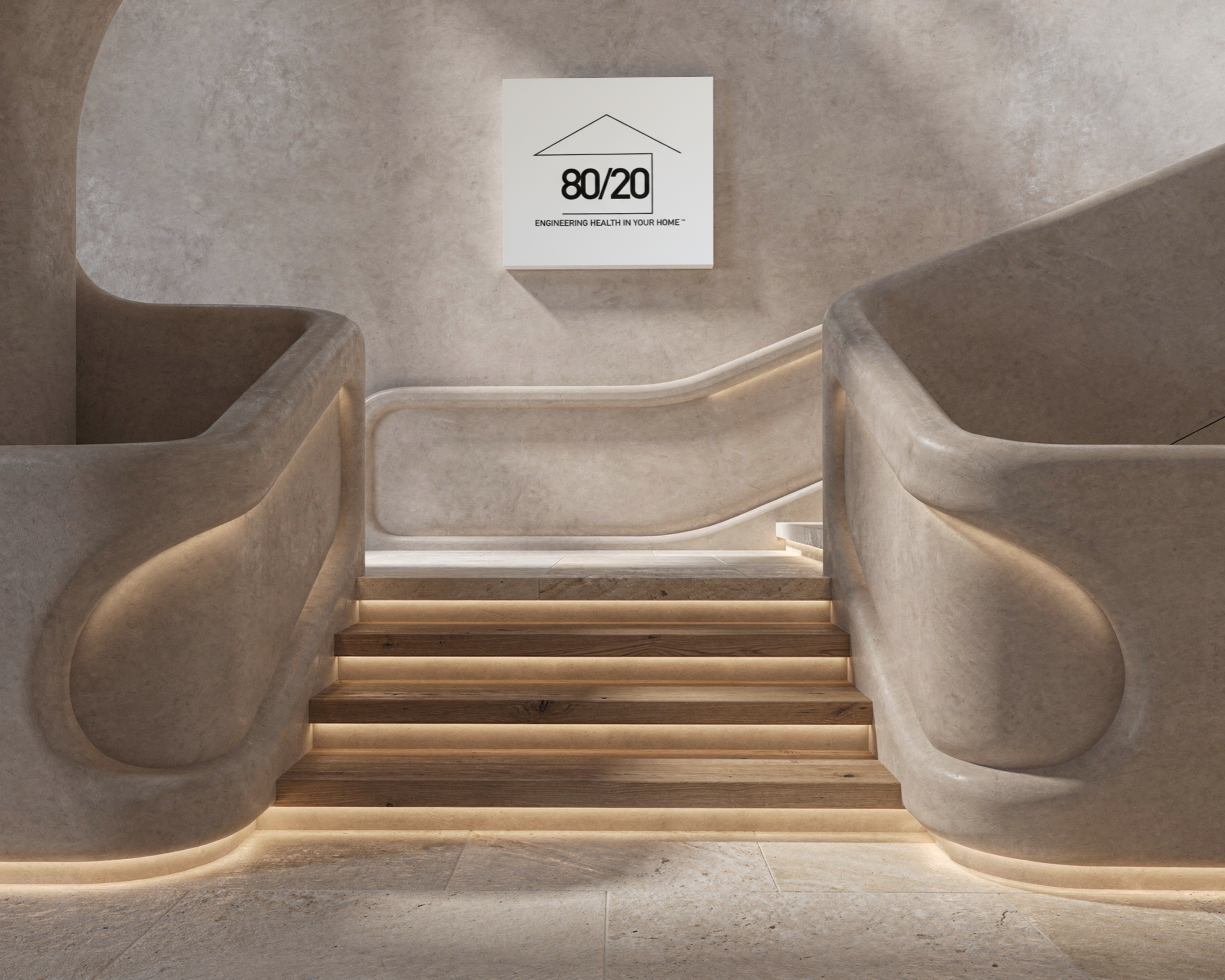 Modern staircase with curved, textured concrete railings on both sides, wooden steps, and a sign on the wall that reads '80/20 Engineering Health in Your Home'.