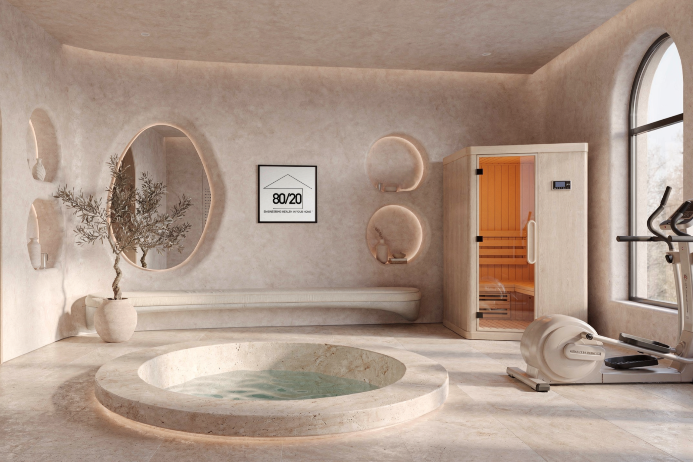 A modern wellness room with a circular soaking tub, decorative niches in the wall, a framed art piece, a potted plant, a sauna, and exercise equipment near a large window.