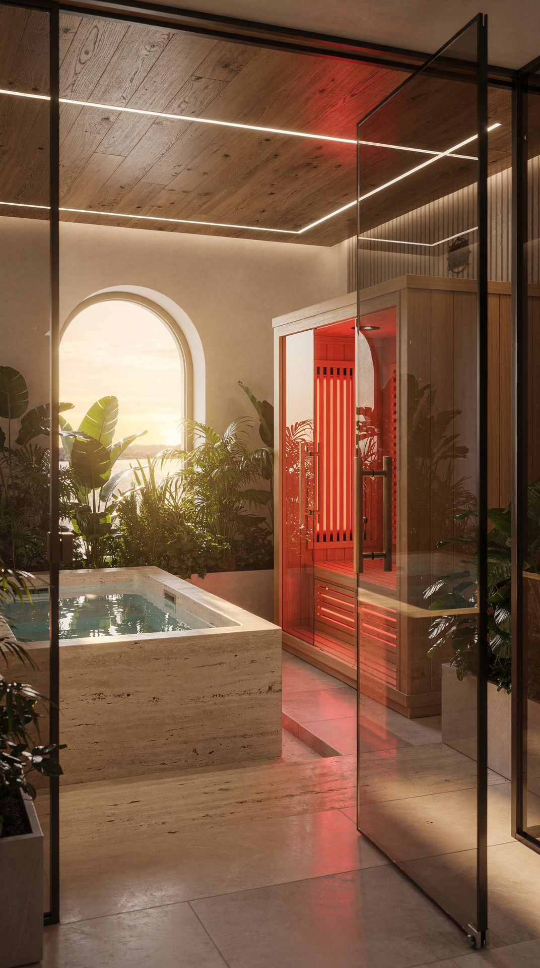 Luxurious spa room with a hot tub, surrounded by lush green plants, a large arched window with sunlight, and a wooden sauna with glass door emitting red light, all under a ceiling with wooden panels and modern lighting.