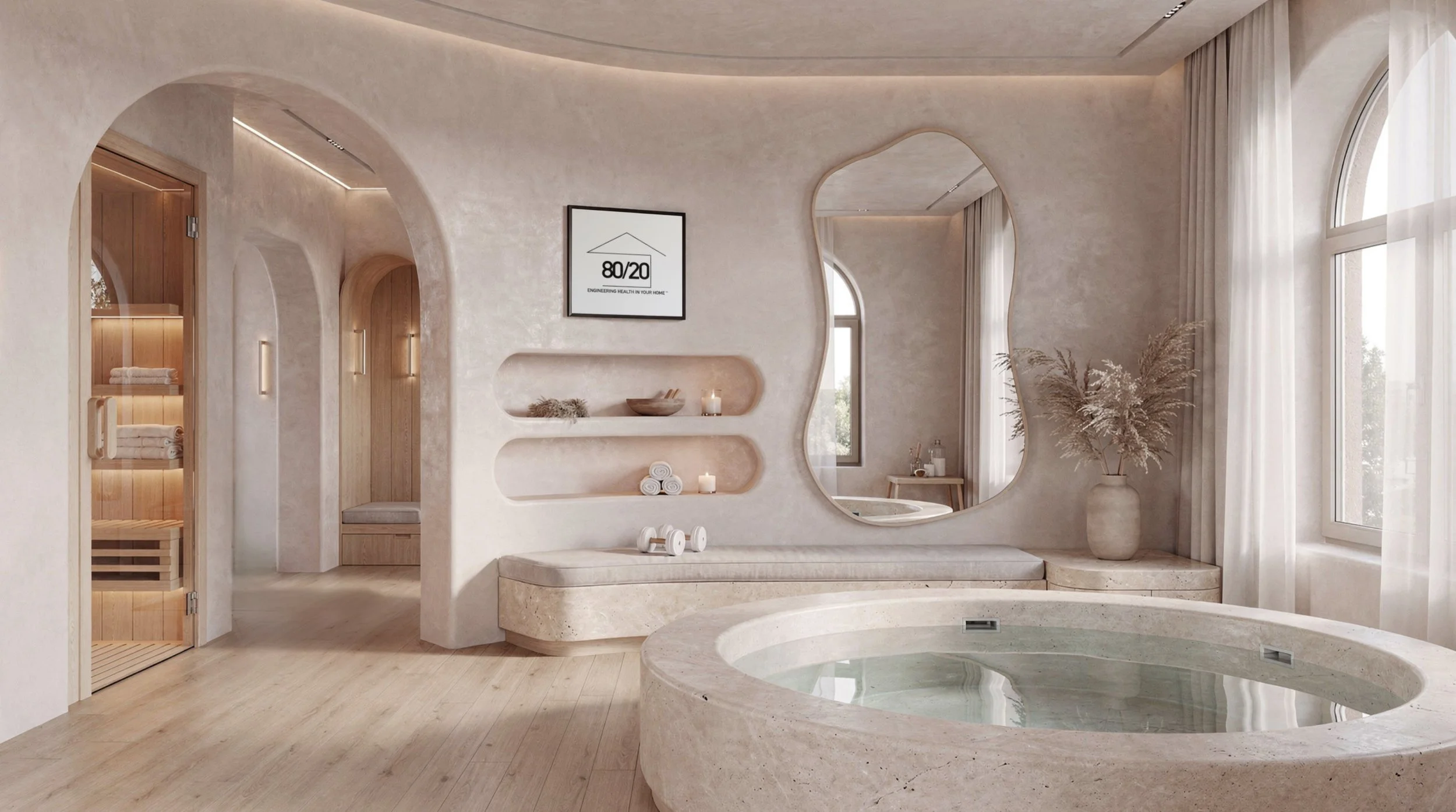Modern bathroom with beige textured walls, large mirror, wooden shelving with towels, potted plant, and a hot tub or pool in the foreground, with natural light coming through large windows and sheer curtains.