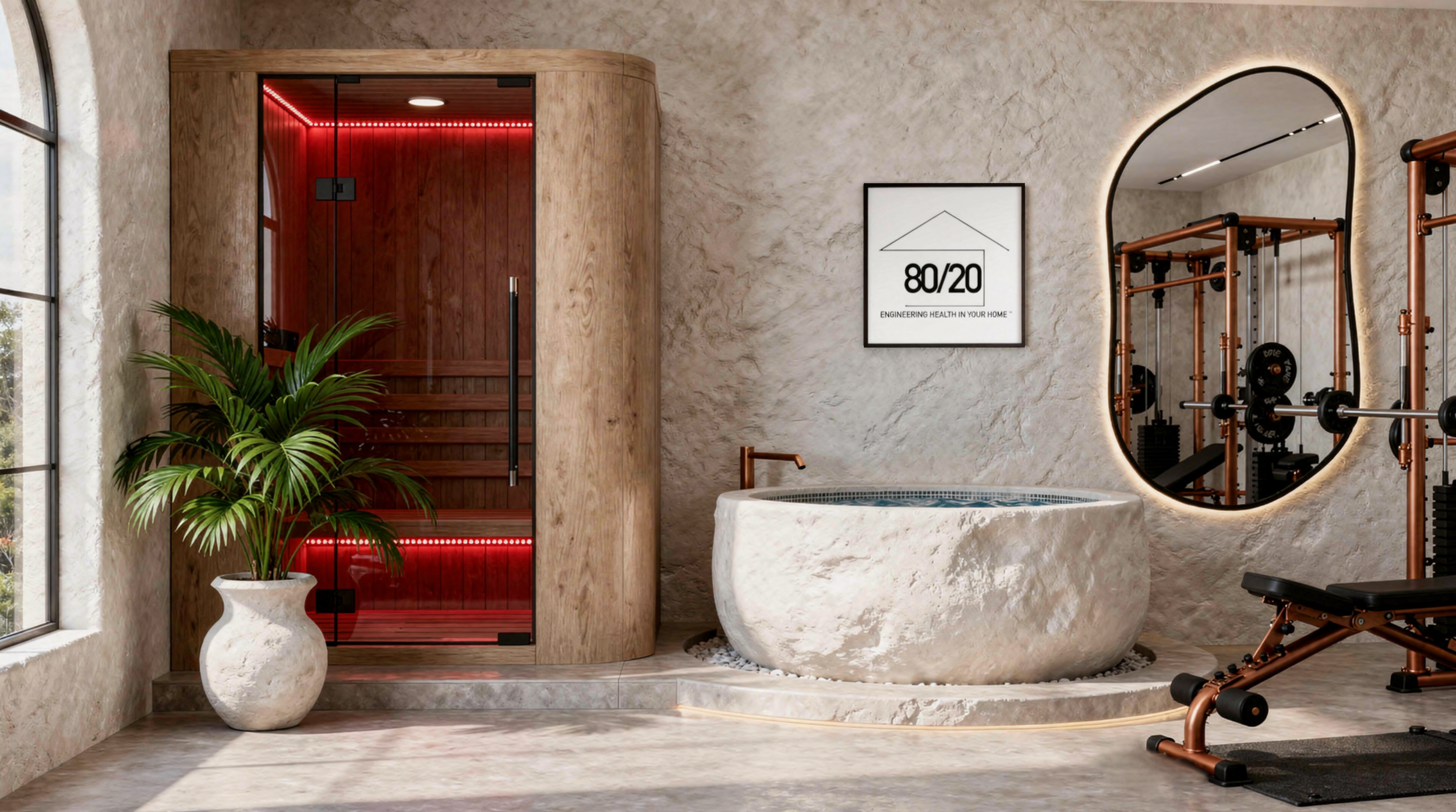 Home gym and sauna with modern decor. Sauna with glass door, red lighting, wooden interior, and a plant nearby. Gym area with a weightlifting station, mirror, and a large round stone bathtub. Wall hanging with a geometric design and text about healthy home environment.