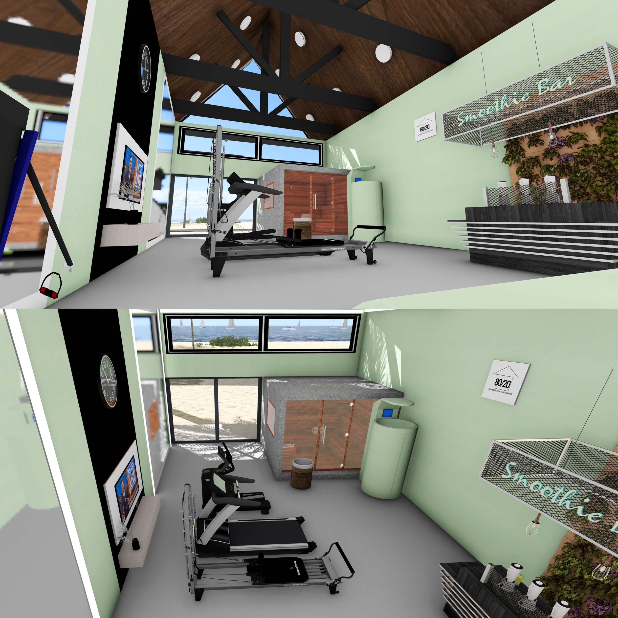 Indoor gym with exercise equipment, treadmill, water cooler, and a smoothie bar area, overlooking a beach through large windows with a view of the ocean.