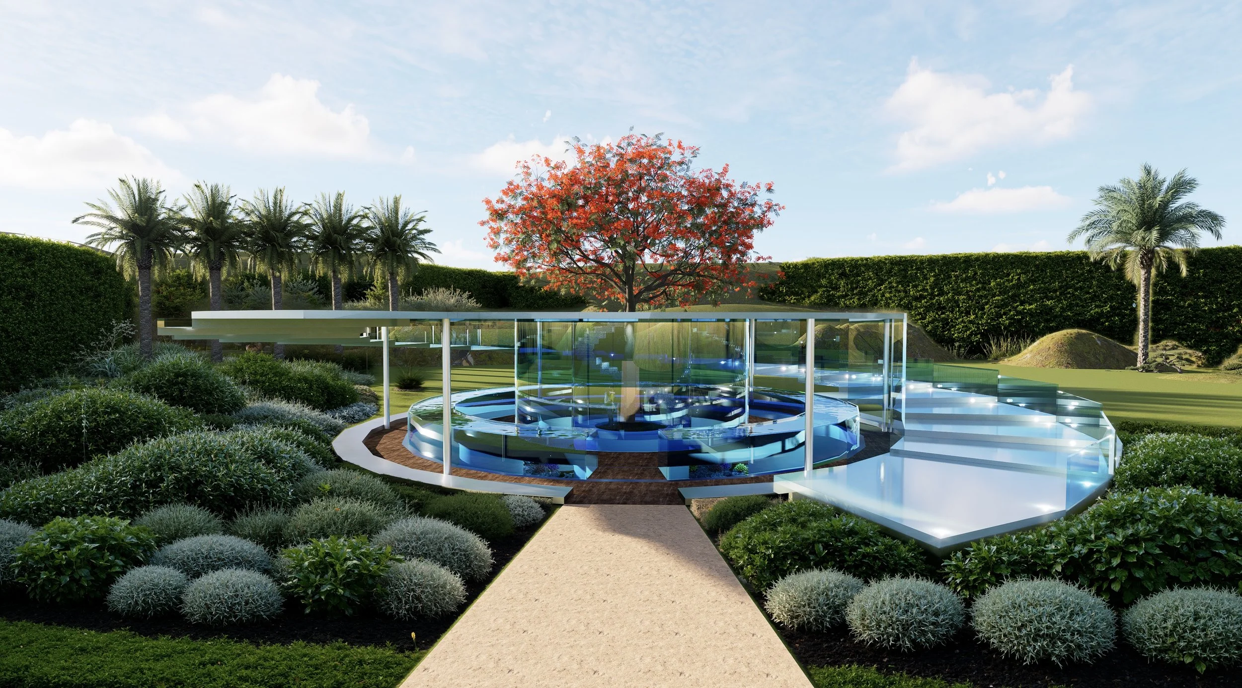 A modern, futuristic glass structure in a landscaped garden with palm trees, a colorful tree, and a pathway leading to the building.