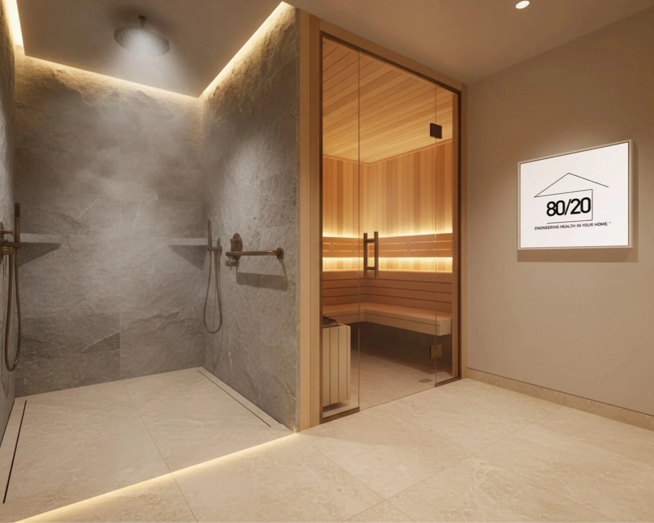 A modern indoor spa or sauna area with a shower space on the left featuring a rain showerhead and wall-mounted shower fixtures, and a sauna room with wooden interior and glass door on the right, illuminated with warm lighting. There is a digital sign displaying the numbers 80/20 and the phrase 'Engineering health in your home'.
