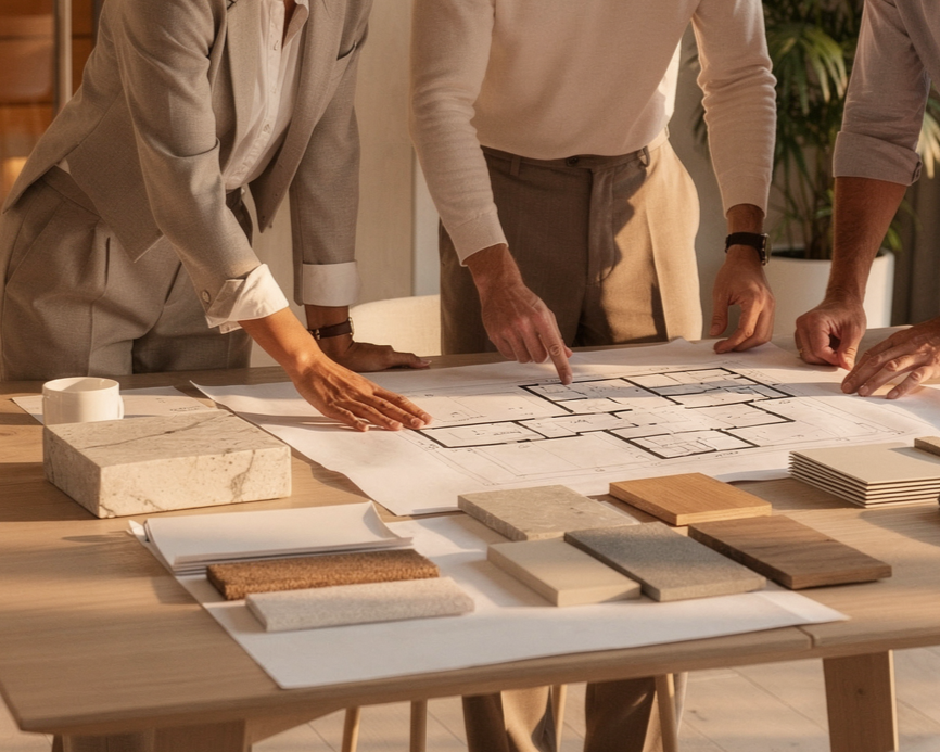 Three people reviewing interior design plans and material samples on a table in a well-lit room.