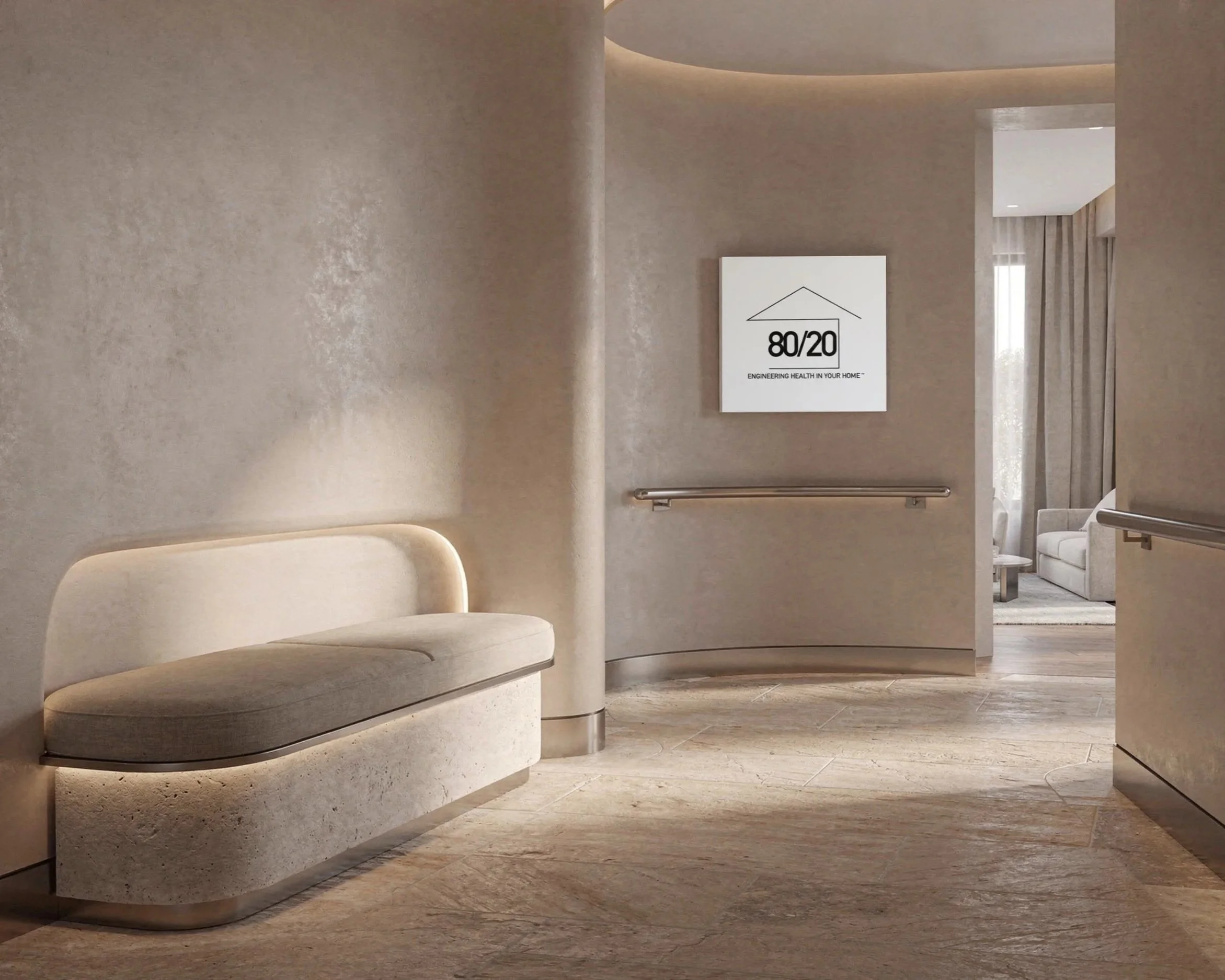 A beige and cream-colored waiting area with modern furniture and a sign that reads "80/20" and "Engineering Health in Your Home."