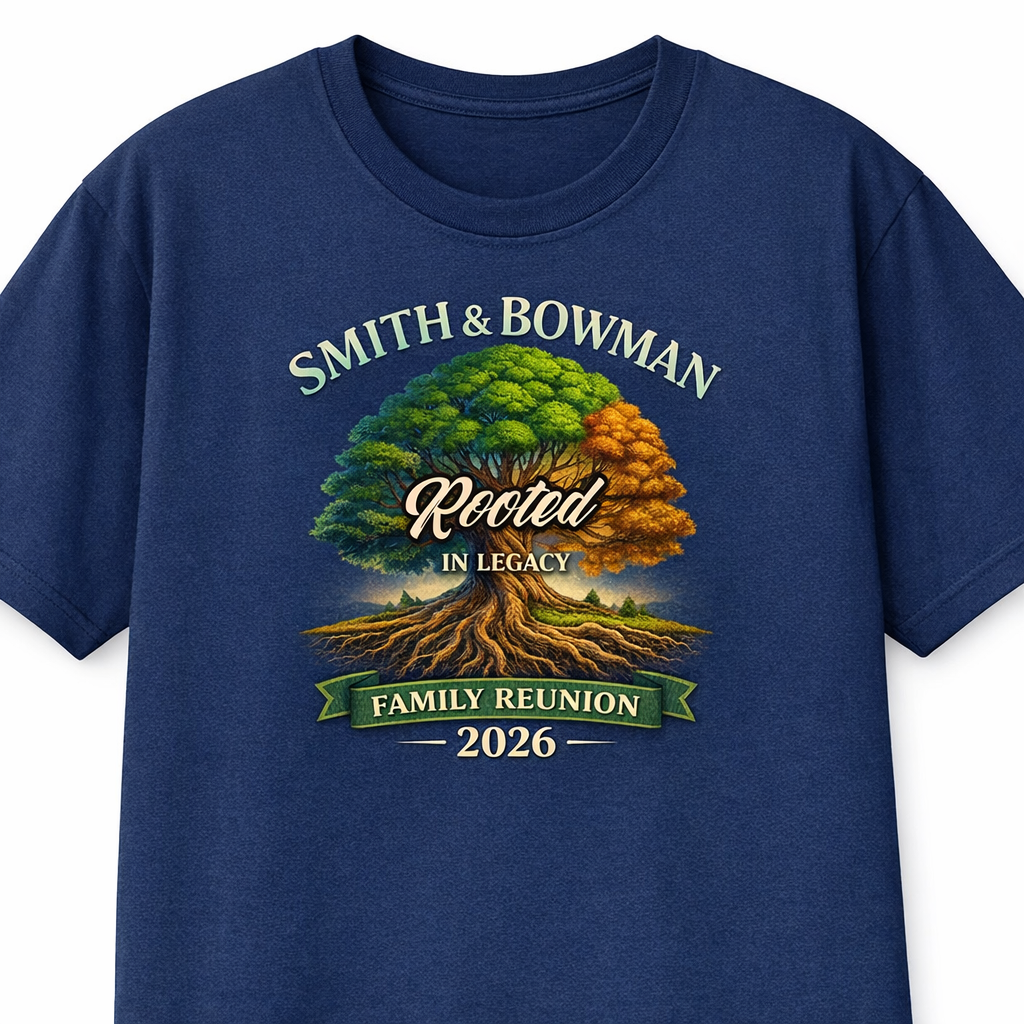A navy blue T-shirt with a graphic of a large tree with green, yellow, and orange leaves, symbolizing family roots, and the text 'Smith & Bowman Rooted in Legacy Family Reunion 2026' on it.