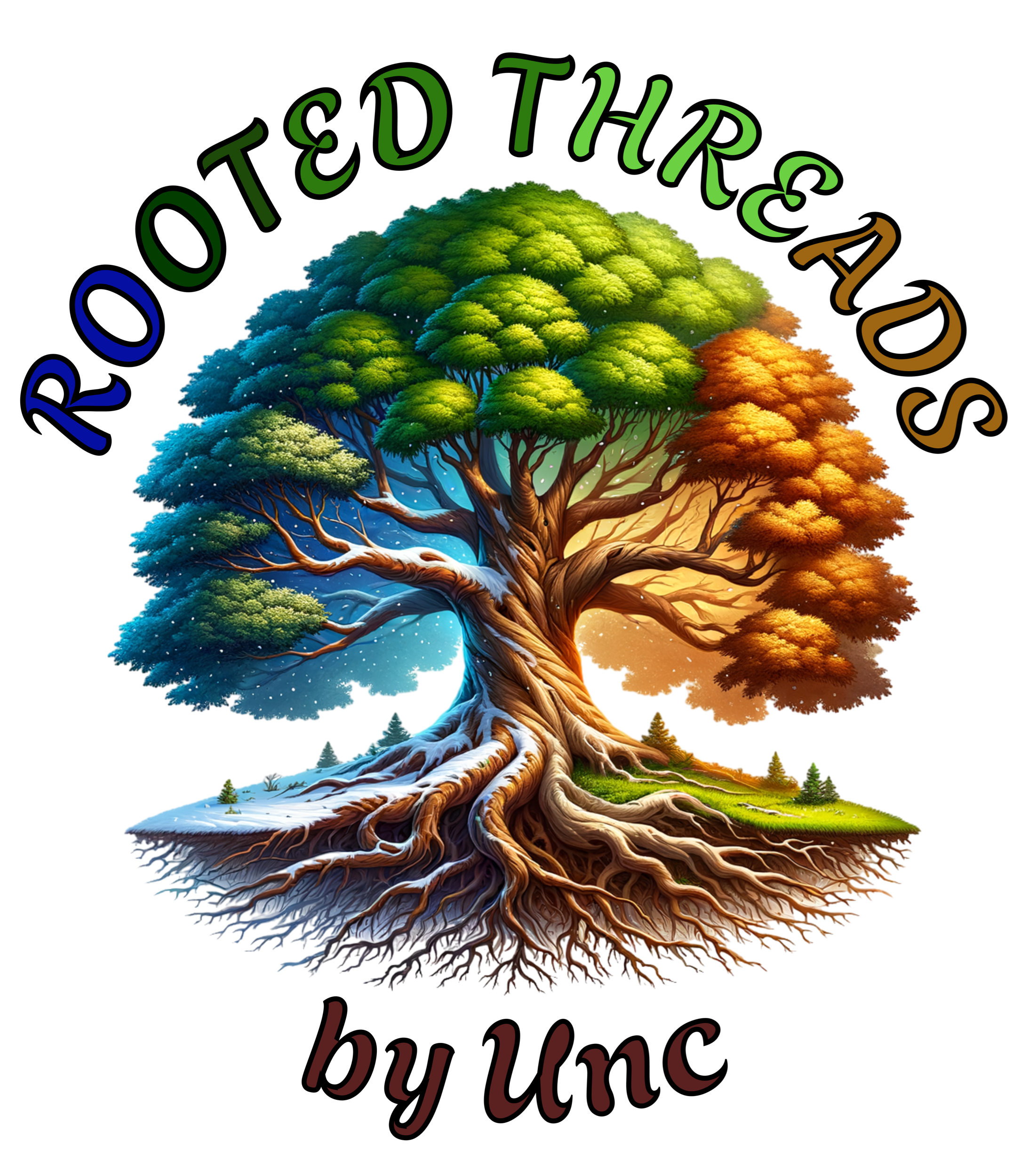 A colorful illustration of a large tree with green, blue, orange, and yellow leaves representing different seasons, with the text 'Rooted Threads' arching over the tree.