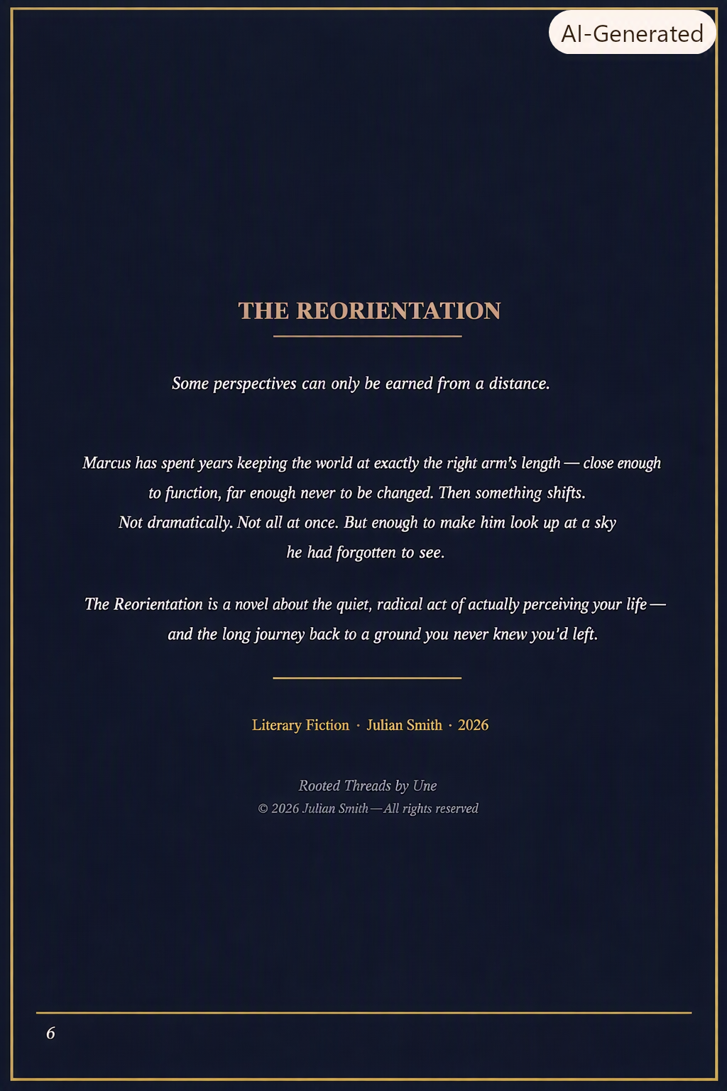 Title page of a book or article titled 'The Reorientation' with a quote about perspective and change, author Julian Smith, published in 2026, with a dark background and gold border.
