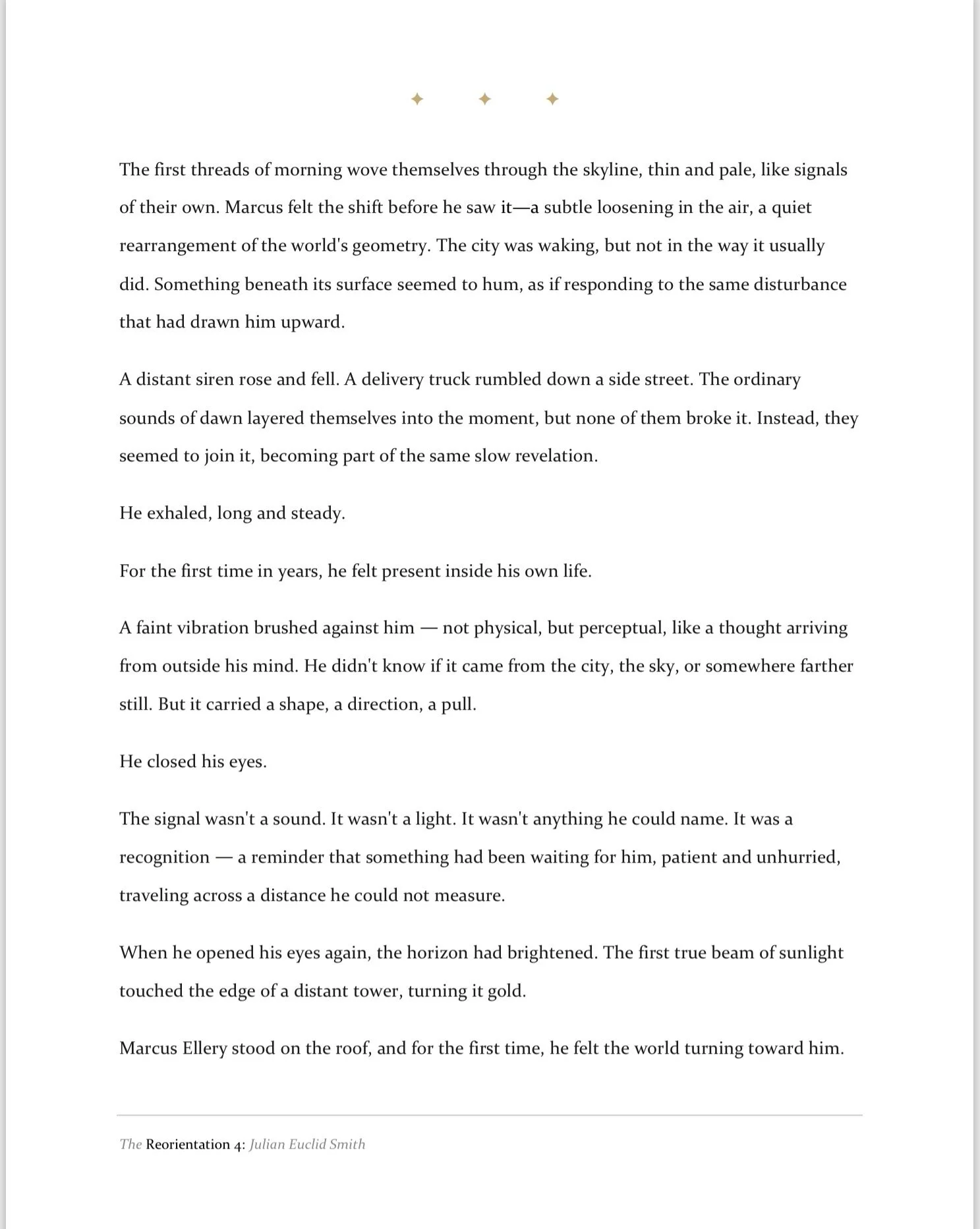 A page of text from a book or article titled "The Reorientation 4: Julian Euclid Smith." The text describes a scene at dawn with a city waking, a delivery truck, and a character named Marcus Ellery standing on a roof, experiencing a moment of realization as he perceives the world and the sky.