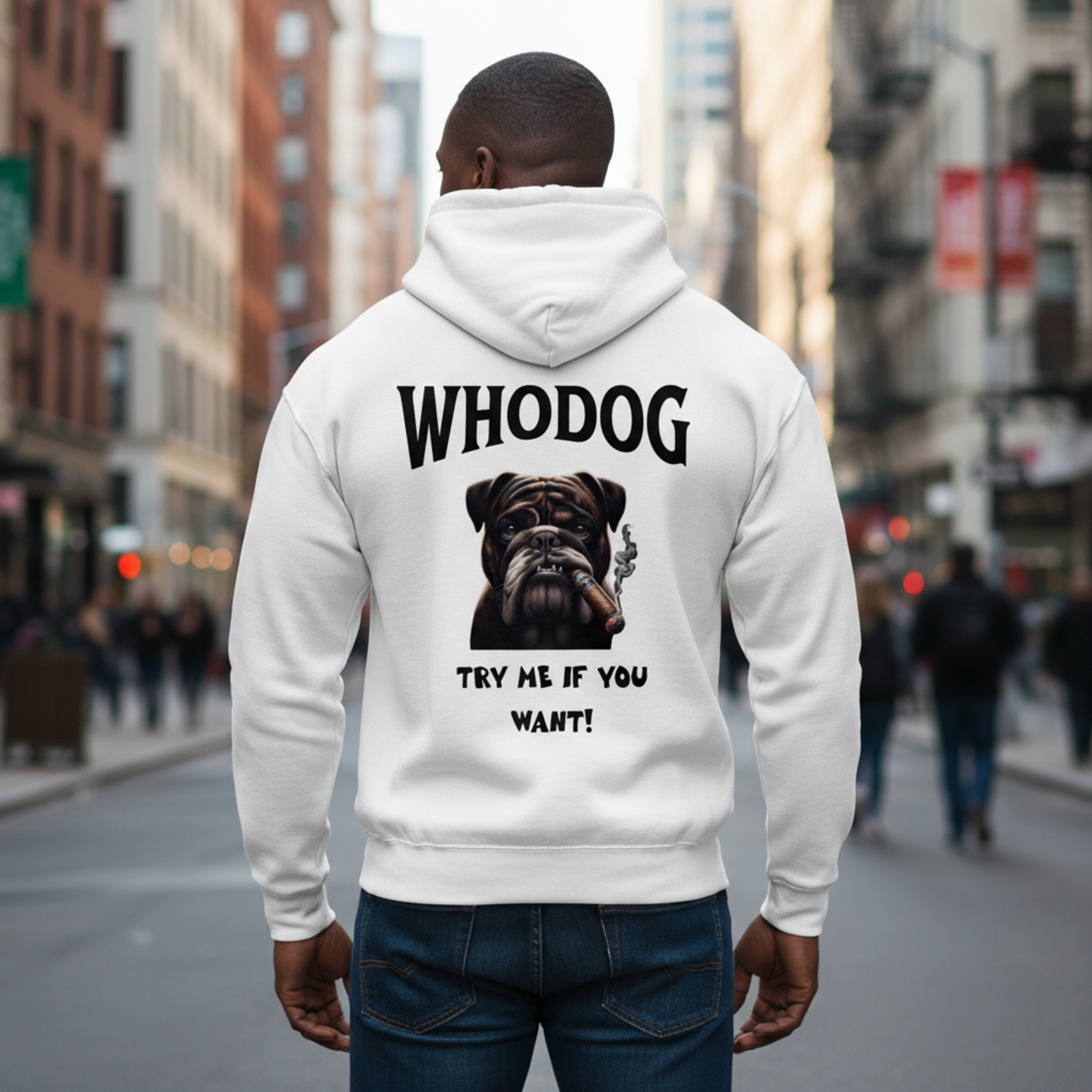 A man with a haircut wearing a white hoodie with a graphic of a dog smoking a cigar on the back. The hoodie has the word 'WHODOG' and the phrase 'TRY ME IF YOU WANT!' printed on it. He is standing on a city street with buildings and blurred city life in the background.