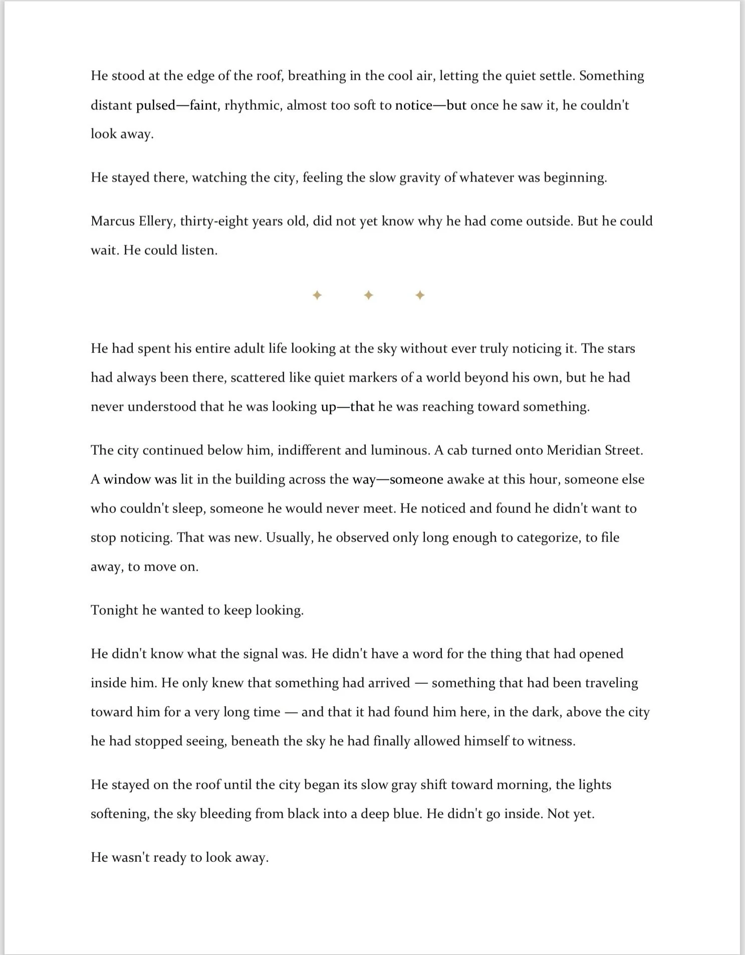 Page of a book with text describing a man standing on a rooftop, watching the sky at dawn, with a few small golden star icons centered on the page.