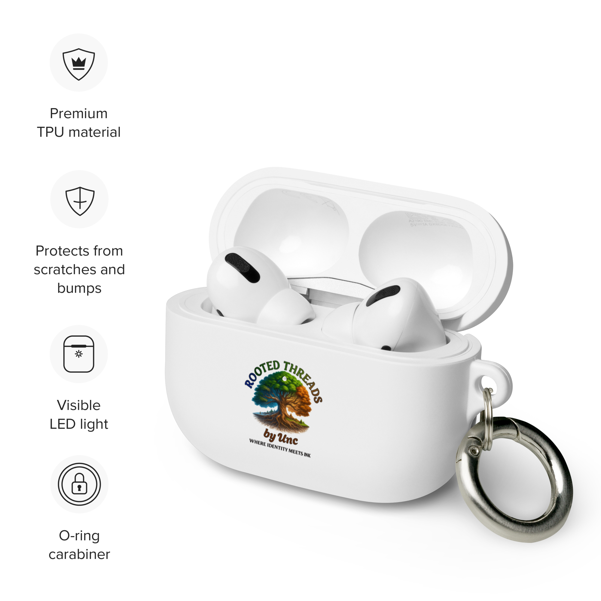 Wireless earbuds in white charging case with a rooted tree logo and text 'ROOTED THREADS by UNC WHERE IDENTITY MEETS INK' on the case, with a part of a wheelchair wheel visible.