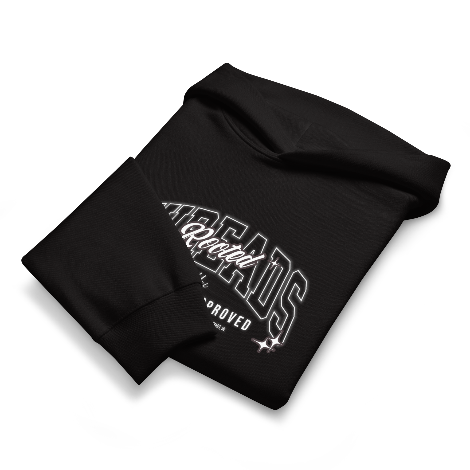 Close-up of a black hoodie with white text and graphic design.