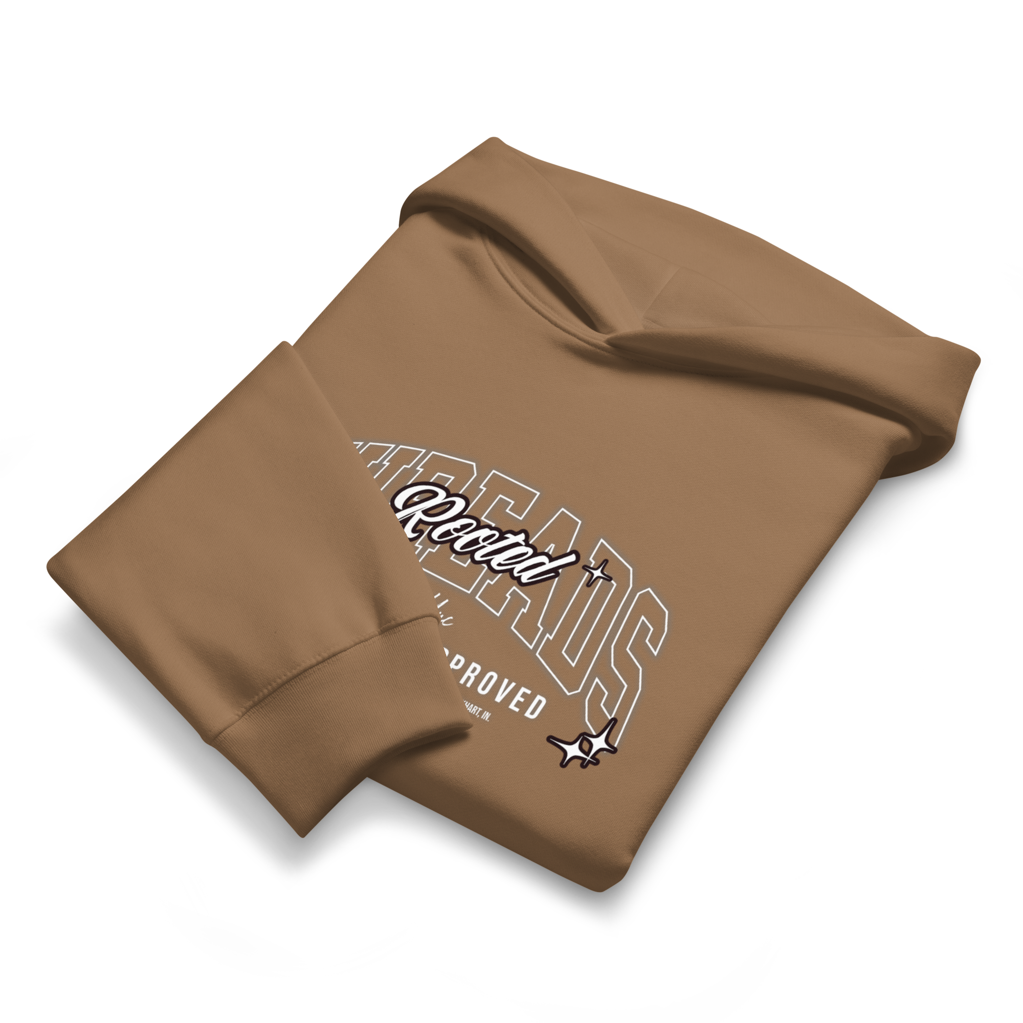 Close-up of a resting tan hoodie with text and design on the front.