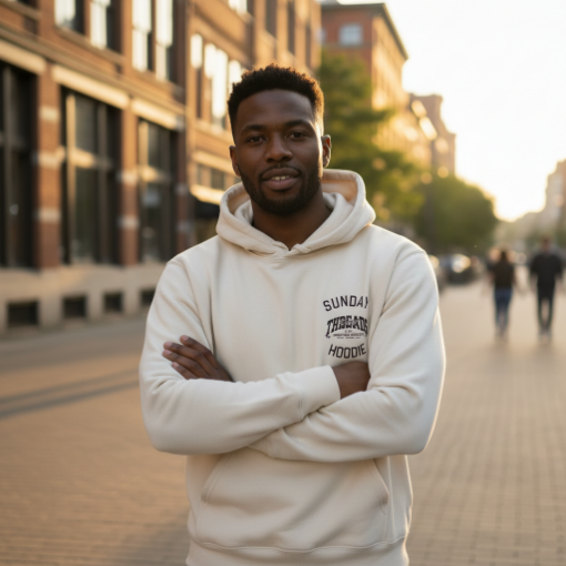 A young man standing on a city sidewalk with arms crossed, wearing a white hoodie, during sunset with buildings and pedestrians in the background.