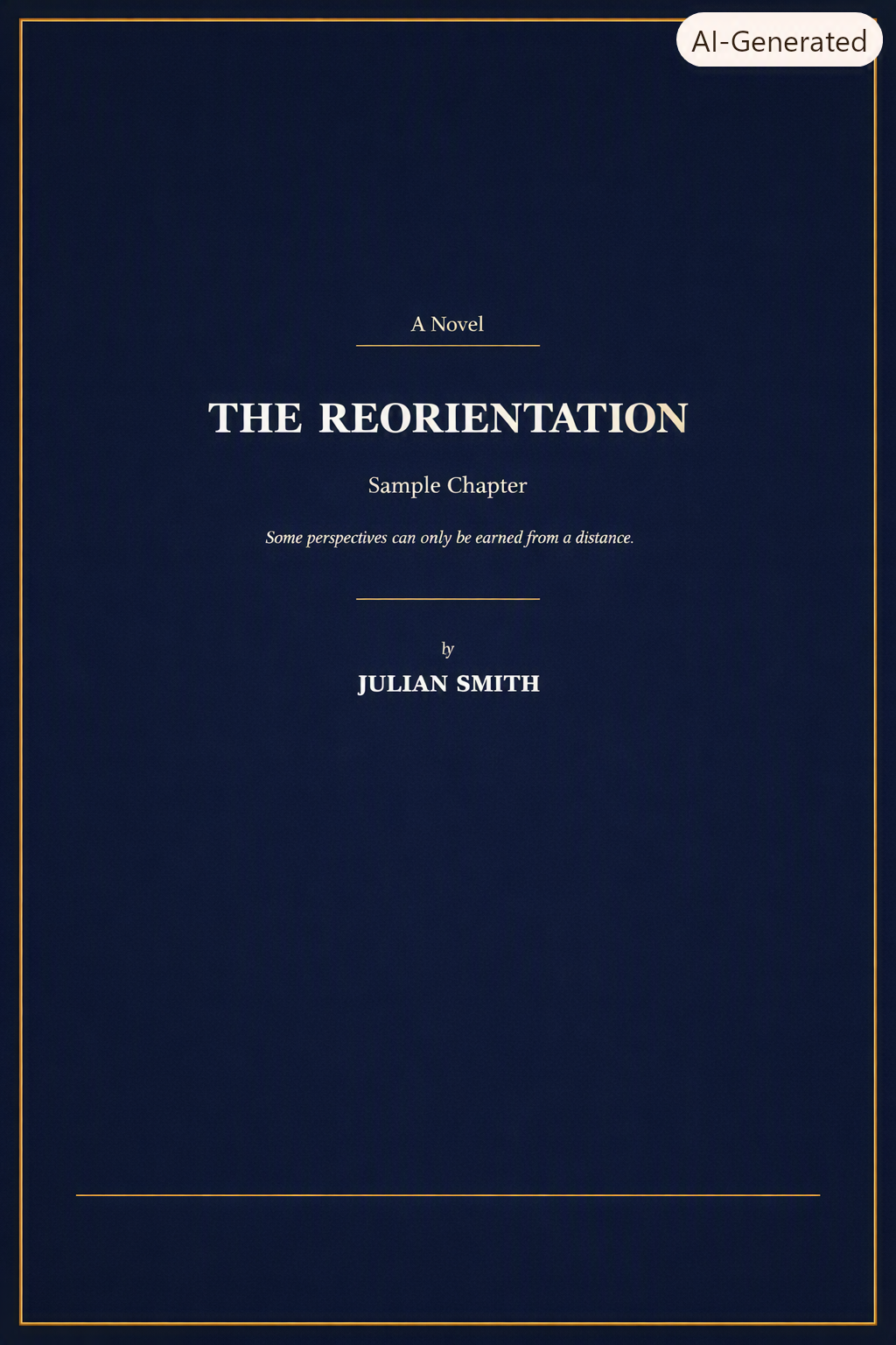 Book cover for a novel titled "The Reorientation" by Julian Smith, featuring a dark navy background with gold border lines and centered white text.