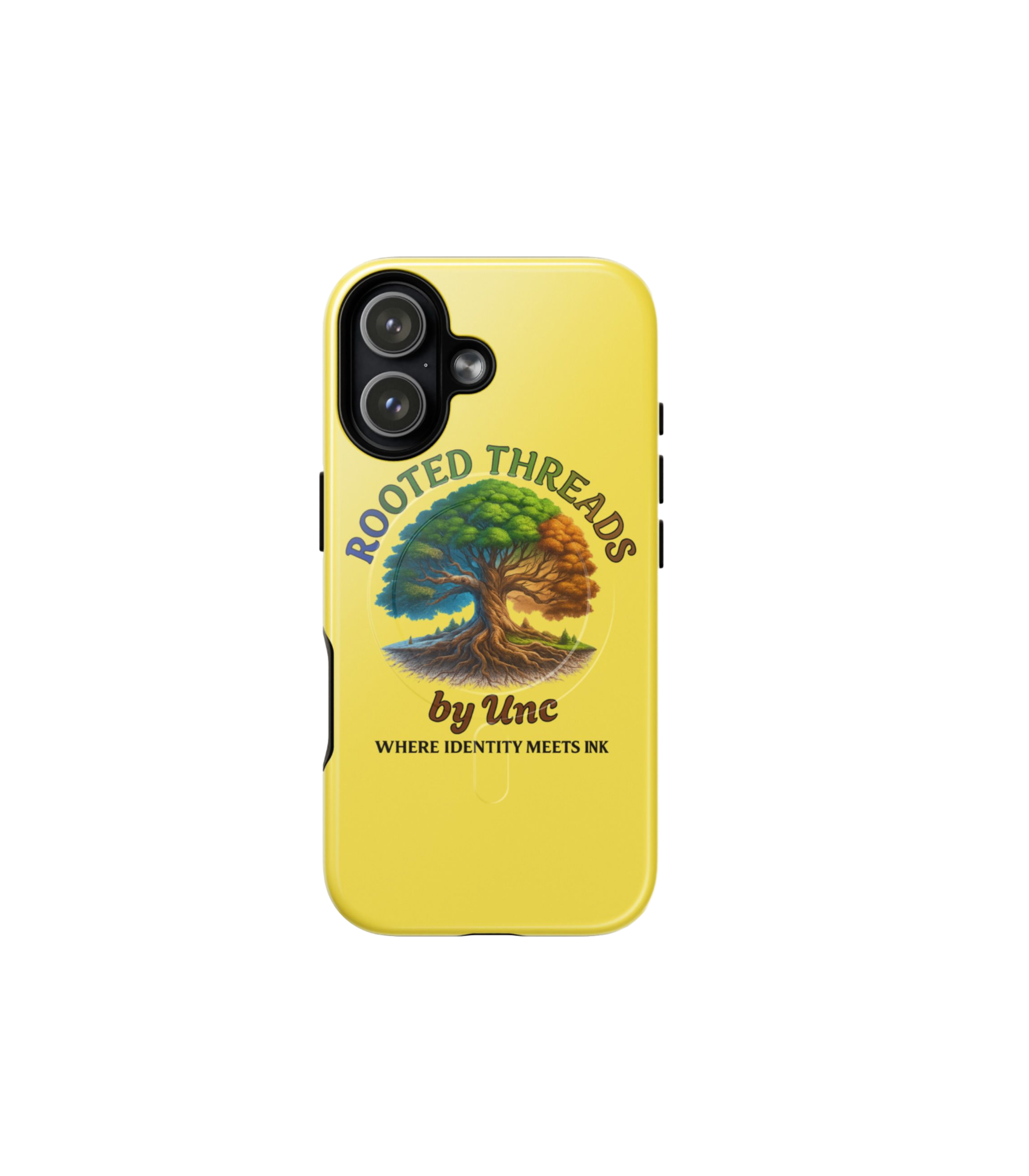 Yellow phone case with a colorful tree illustration and the text 'Rooted Threads by Unc' and 'Where Identity Meets Ink'.