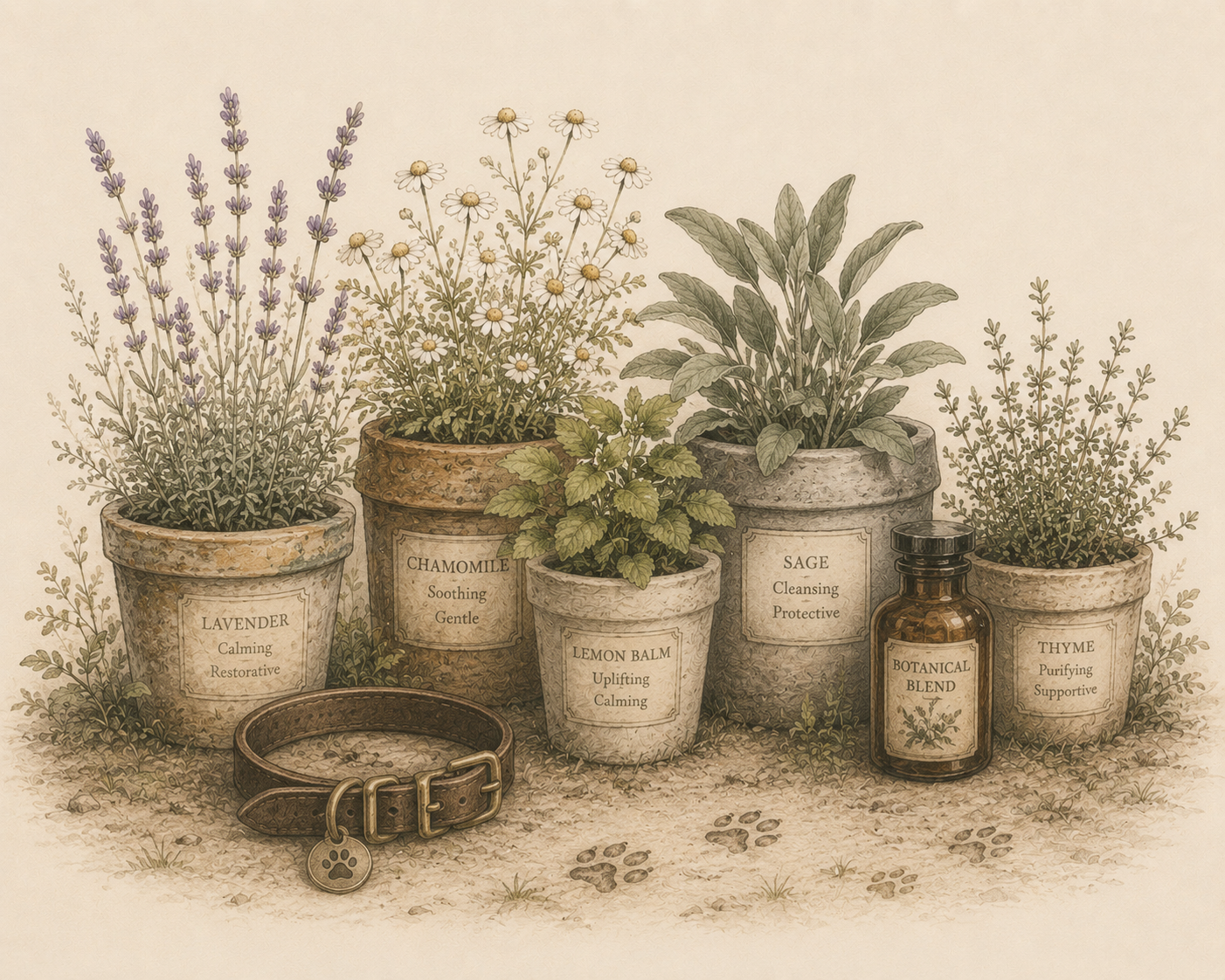 Illustration of potted herbs and botanical products, including lavender, chamomile, lemon balm, sage, thyme, a bottle labeled 'Botanical Blend', and a dog collar with paw print charm, arranged on the ground with paw prints nearby.