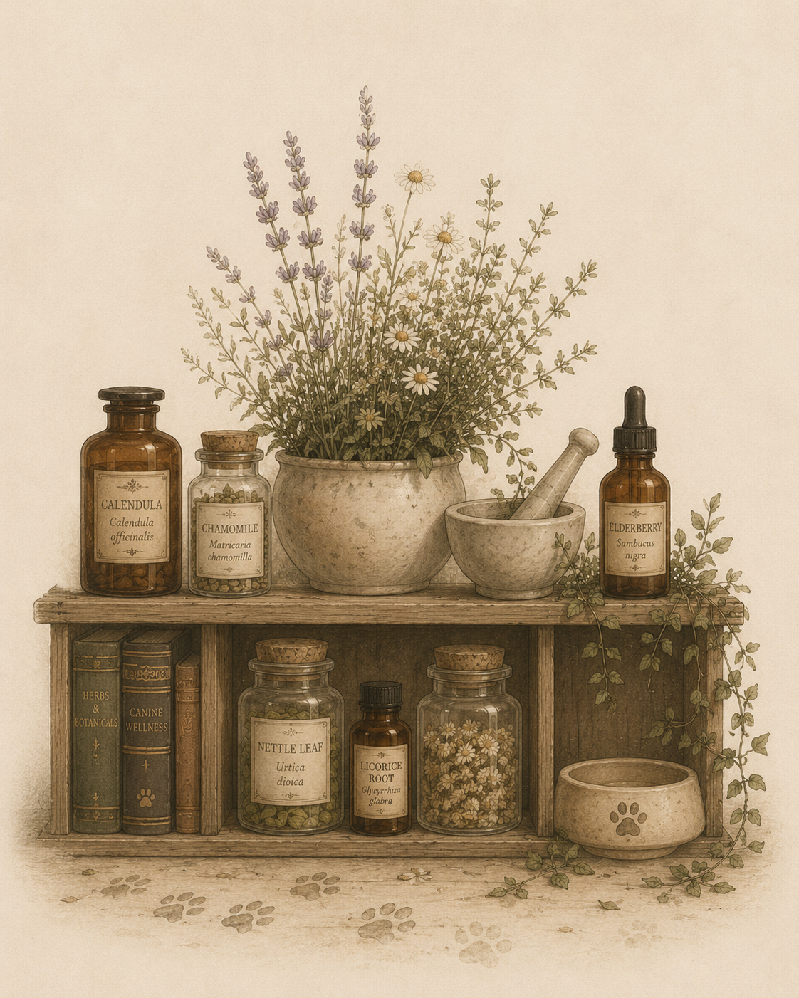 Vintage herb and flower apothecary scene with dried flowers, herbs, and medicinal bottles on a wooden shelf and table.