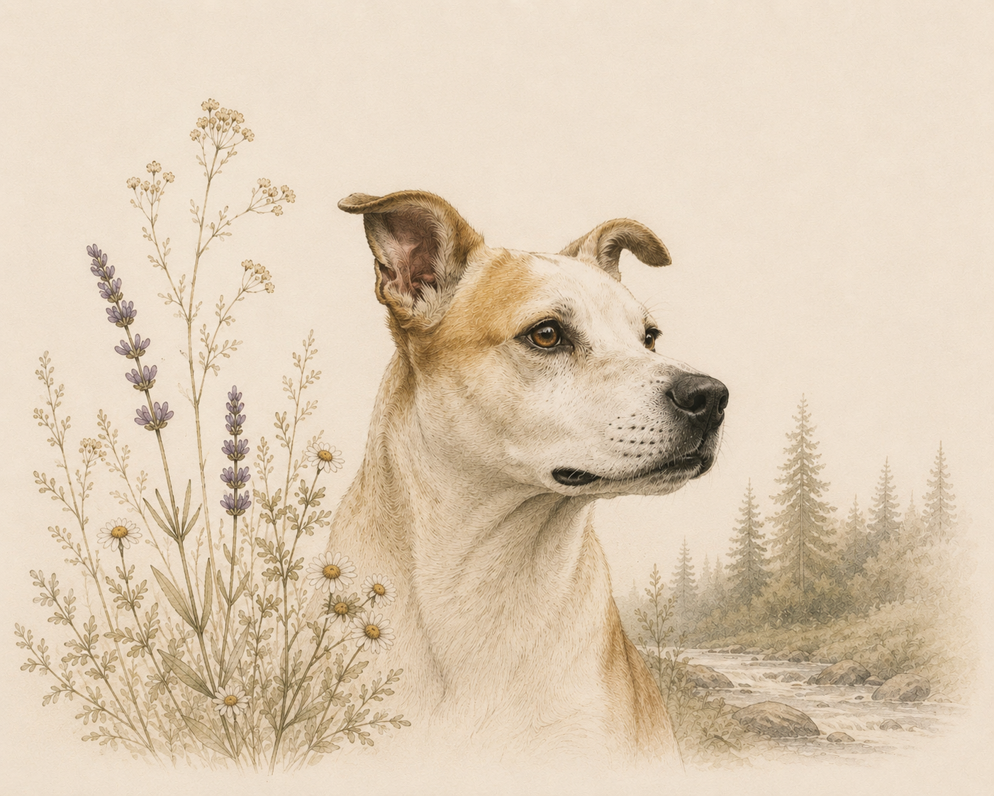 Digital illustration of a dog with a forest and river in the background, surrounded by wildflowers including lavender and daisies.