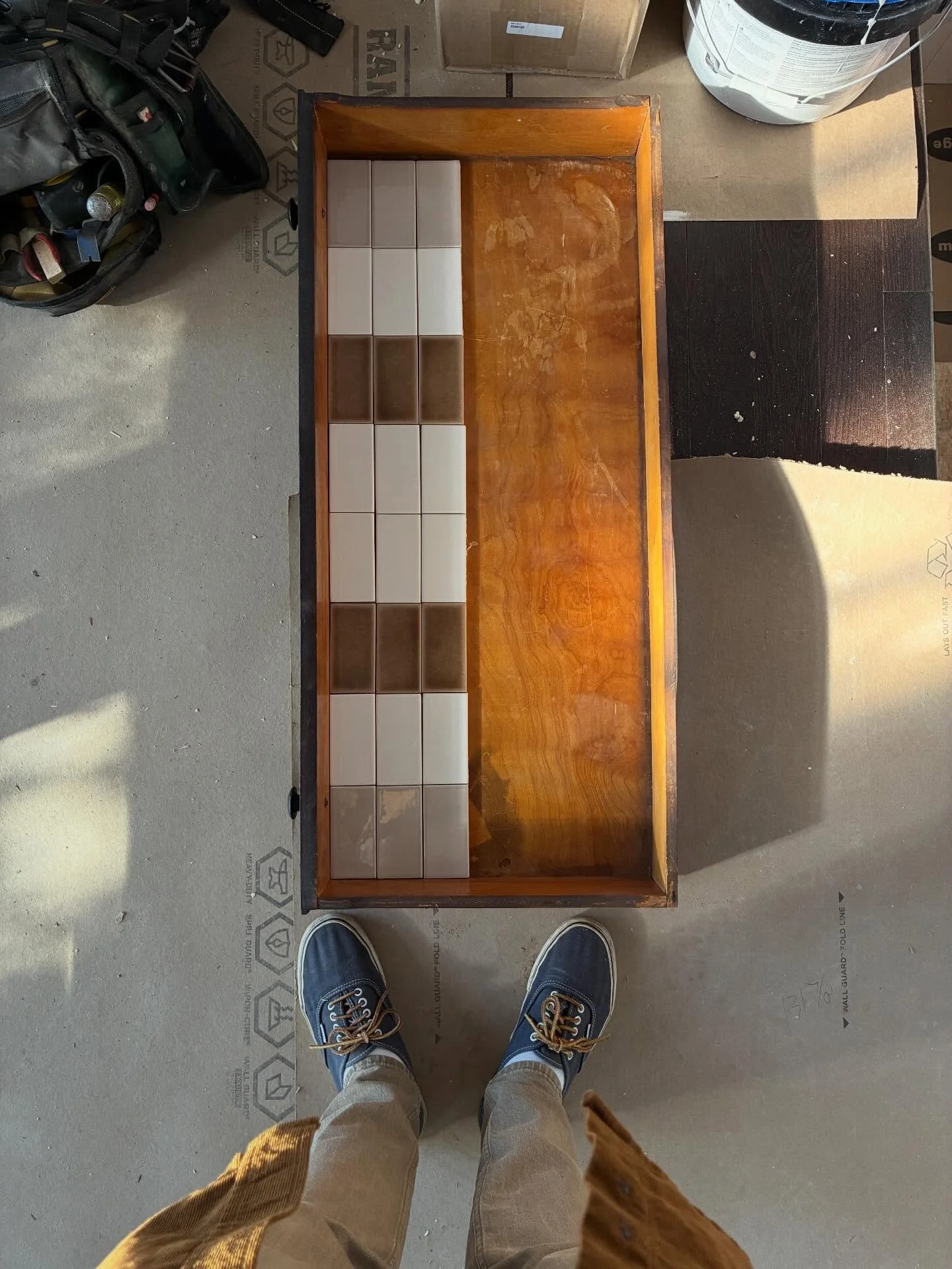 Maine camp backsplash layout options + wood stains. 
Stripes led the conversation per usual. 
&mdash;&mdash;&mdash;
#mododesignlab 
#providenceinteriors
#newenglandinteriors