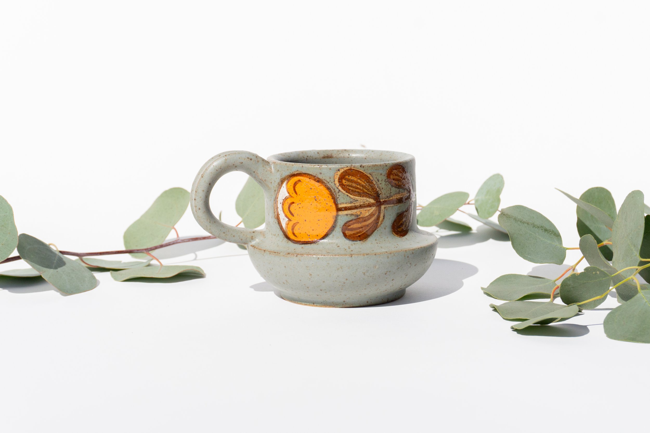 Blue Mug with Orange, Mid Century Flowers