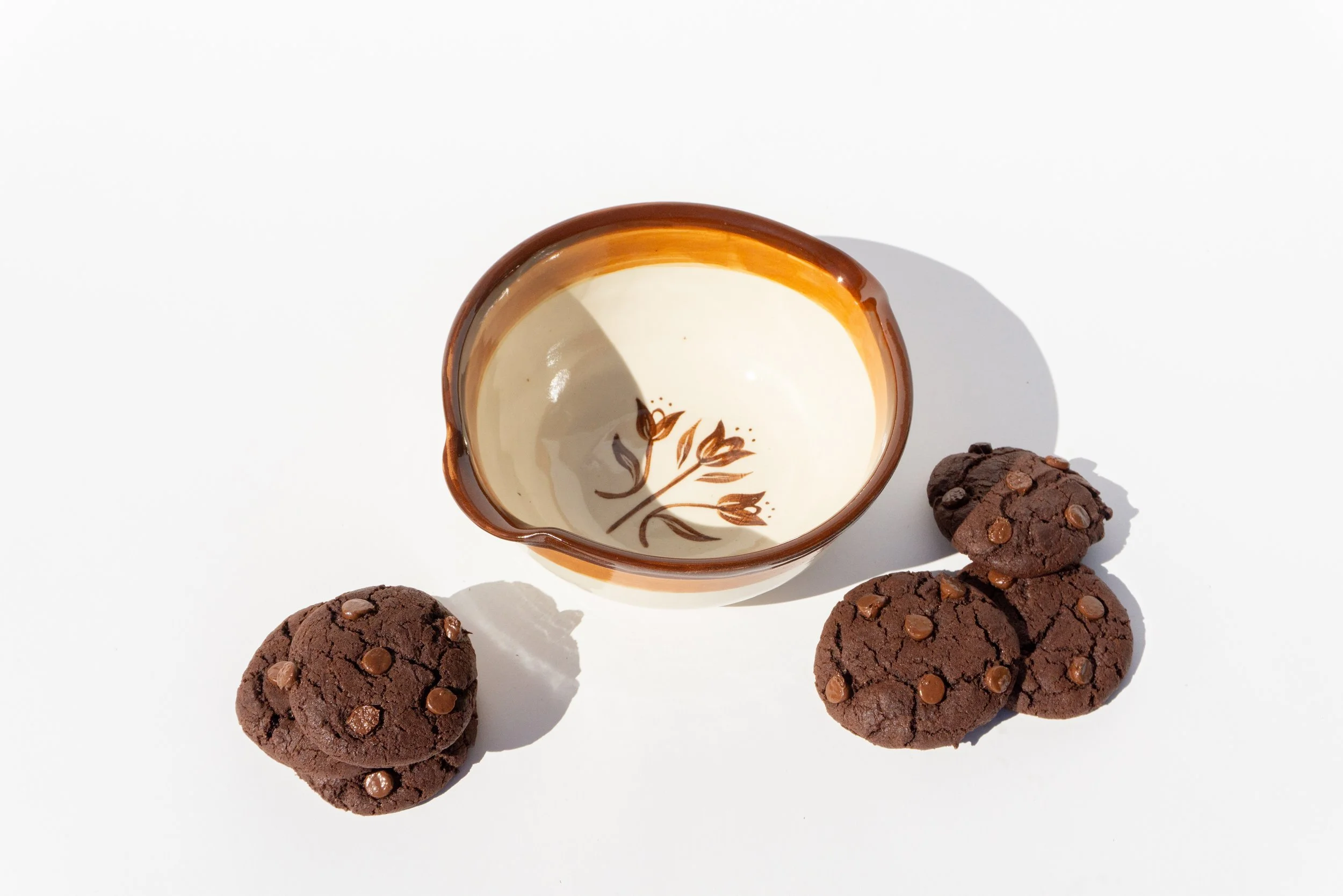 Small White Spouted Mixing Bowl with Brown Flowers