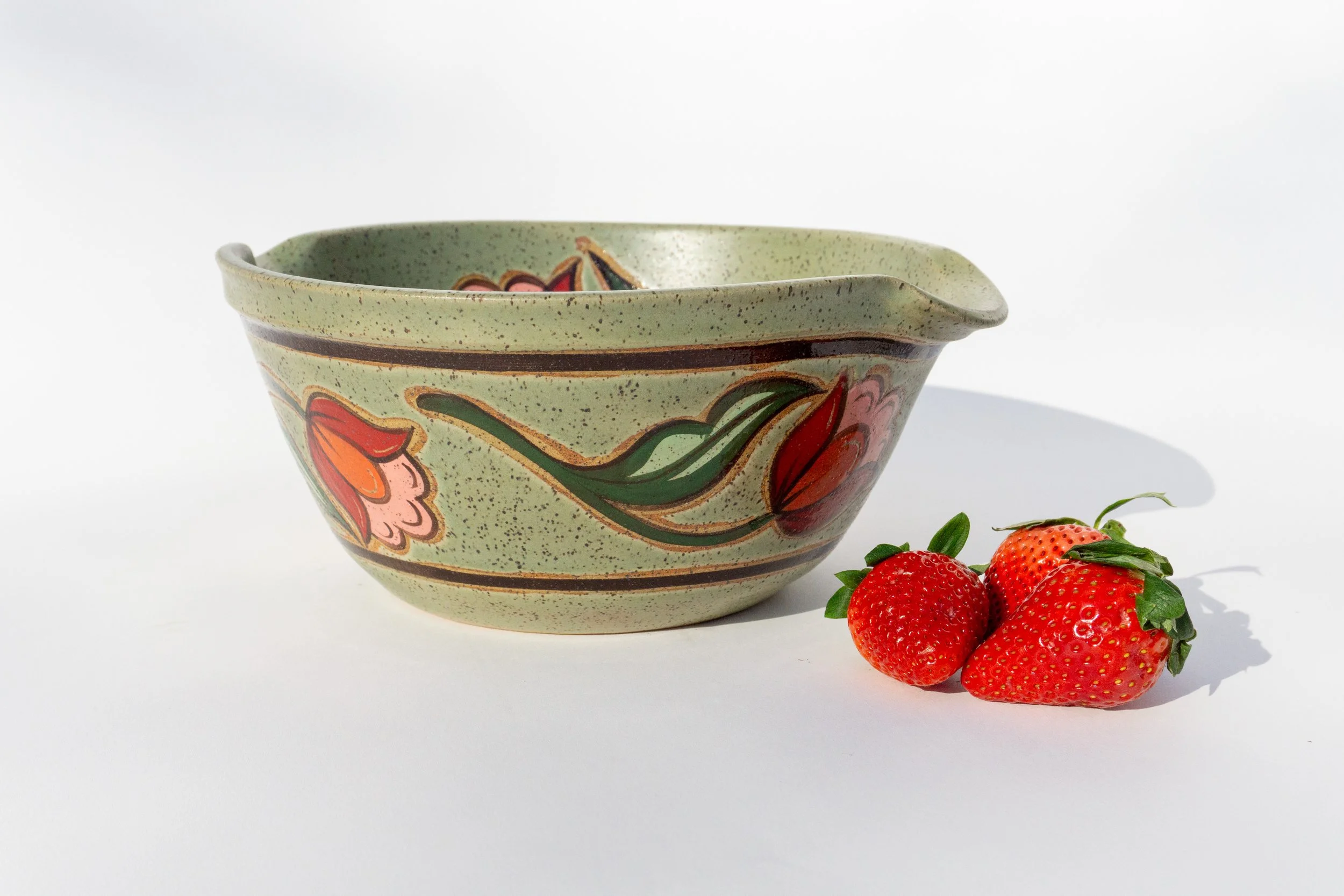 Green Spouted Mixing Bowl with Red Flowers