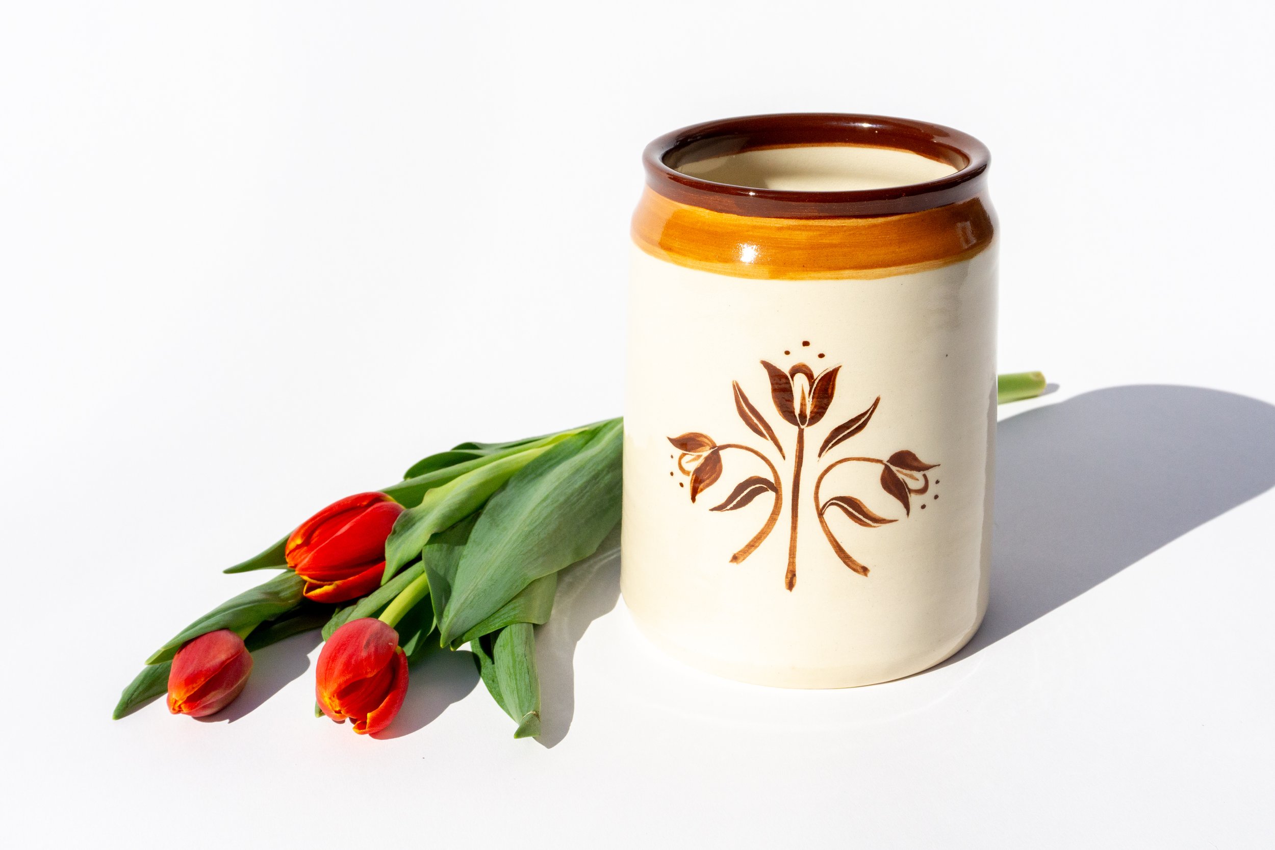 White Crock with Brown Flowers