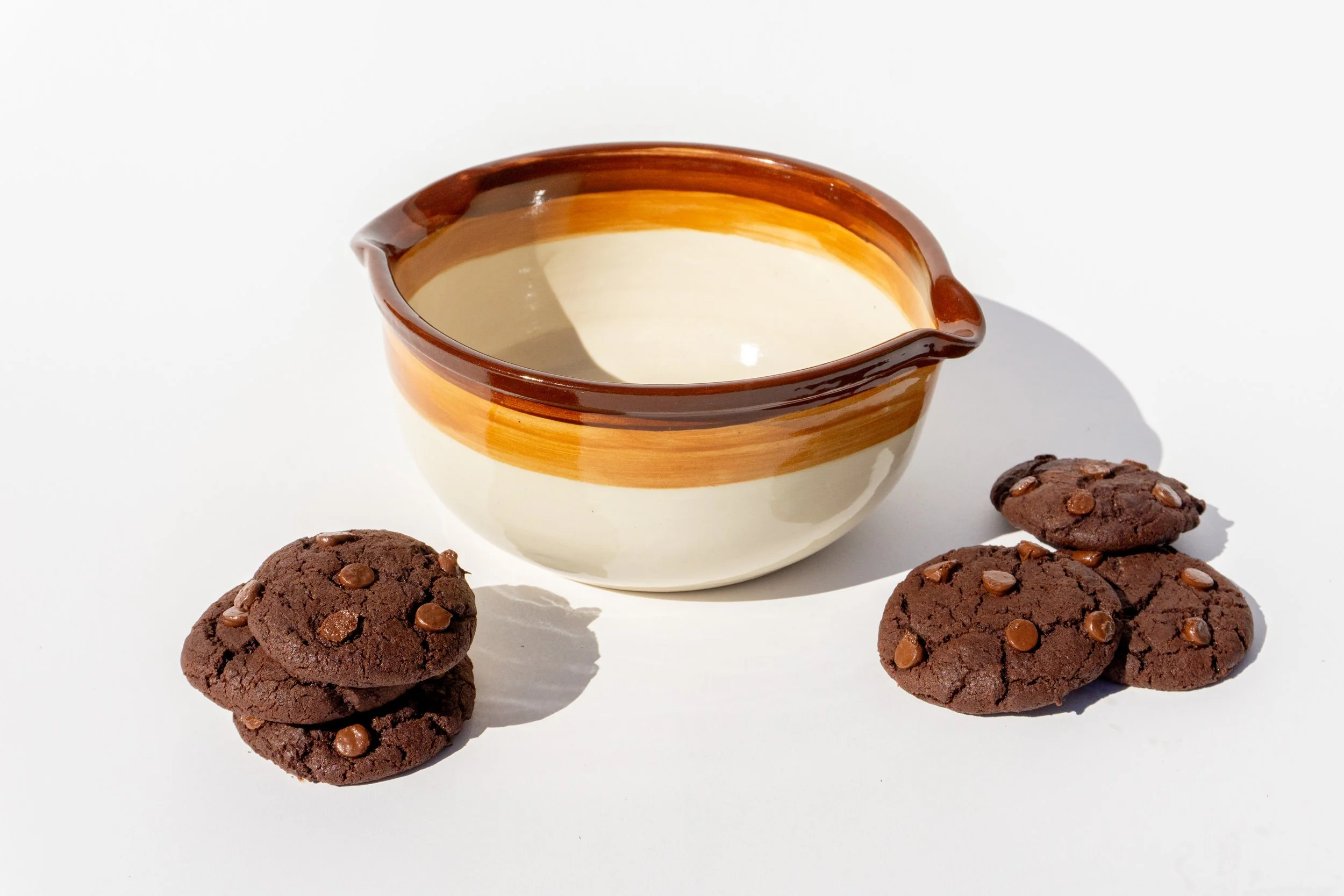 Large White Spouted Mixing Bowl with Brown Flowers