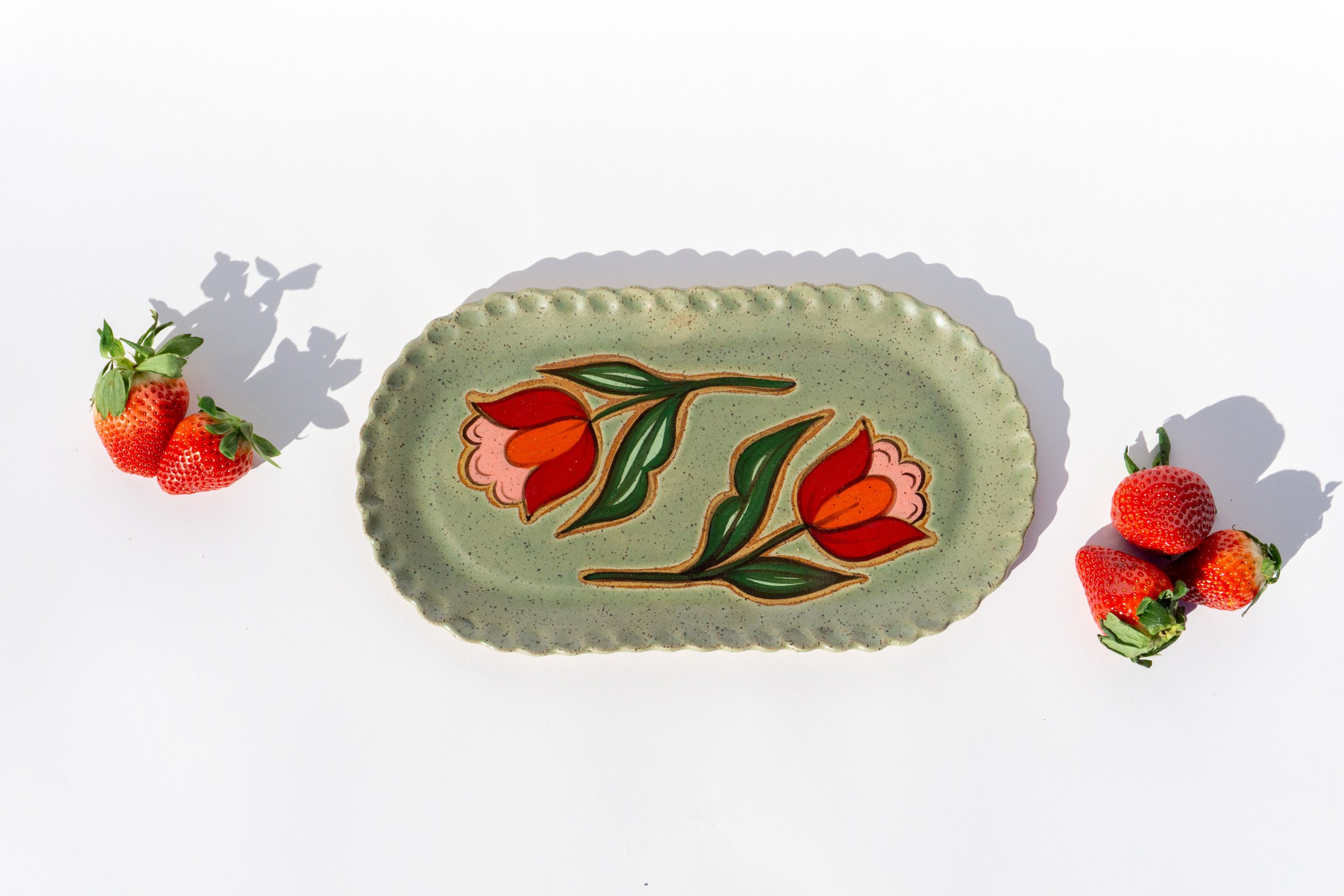 Small Green Platter with Red Flowers
