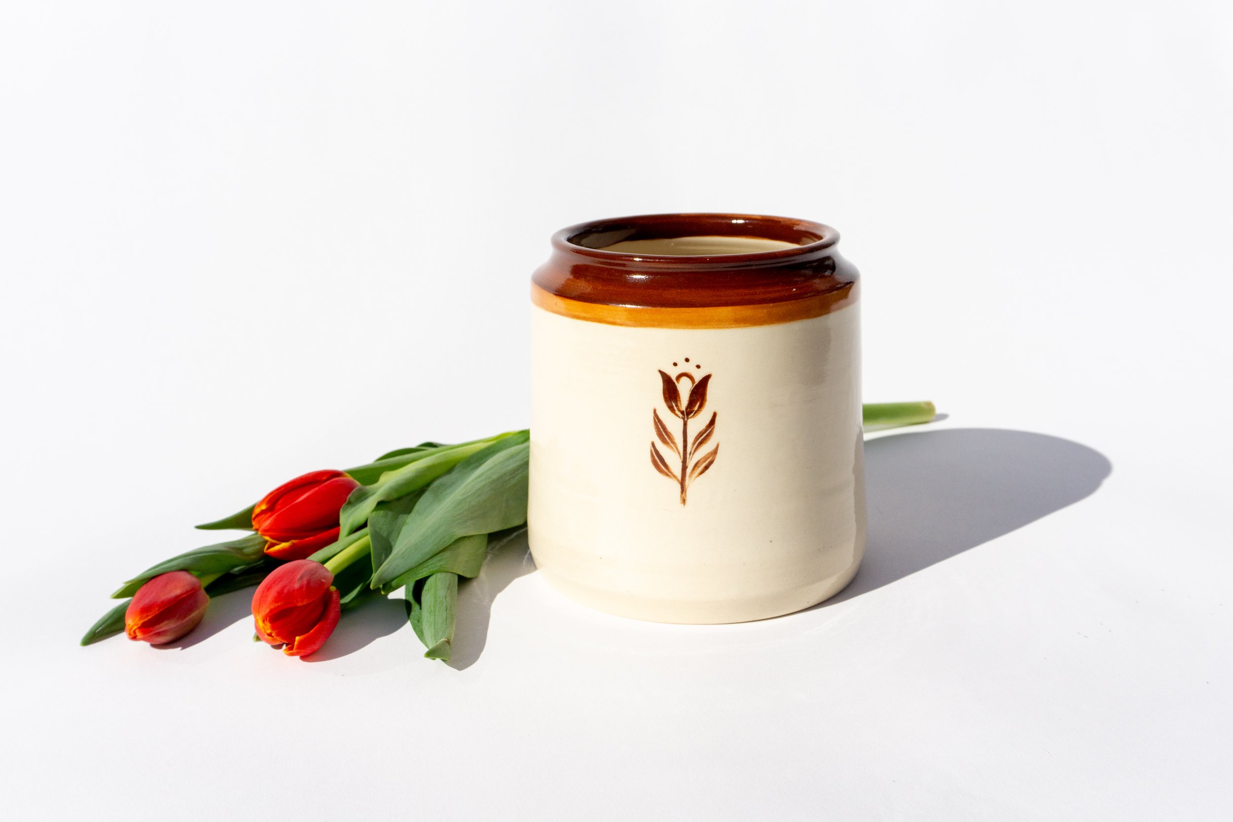 White Crock with Brown Flowers