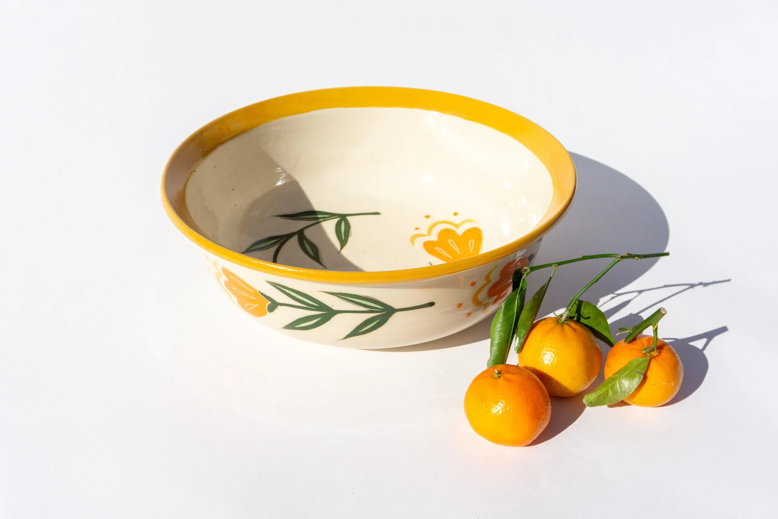 Large White Serving Bowl with Orange Flowers