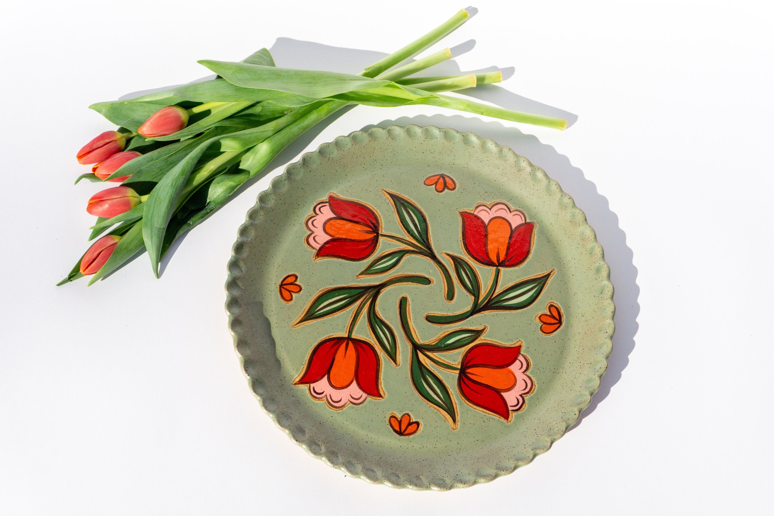 Large Green Platter with Red Flowers