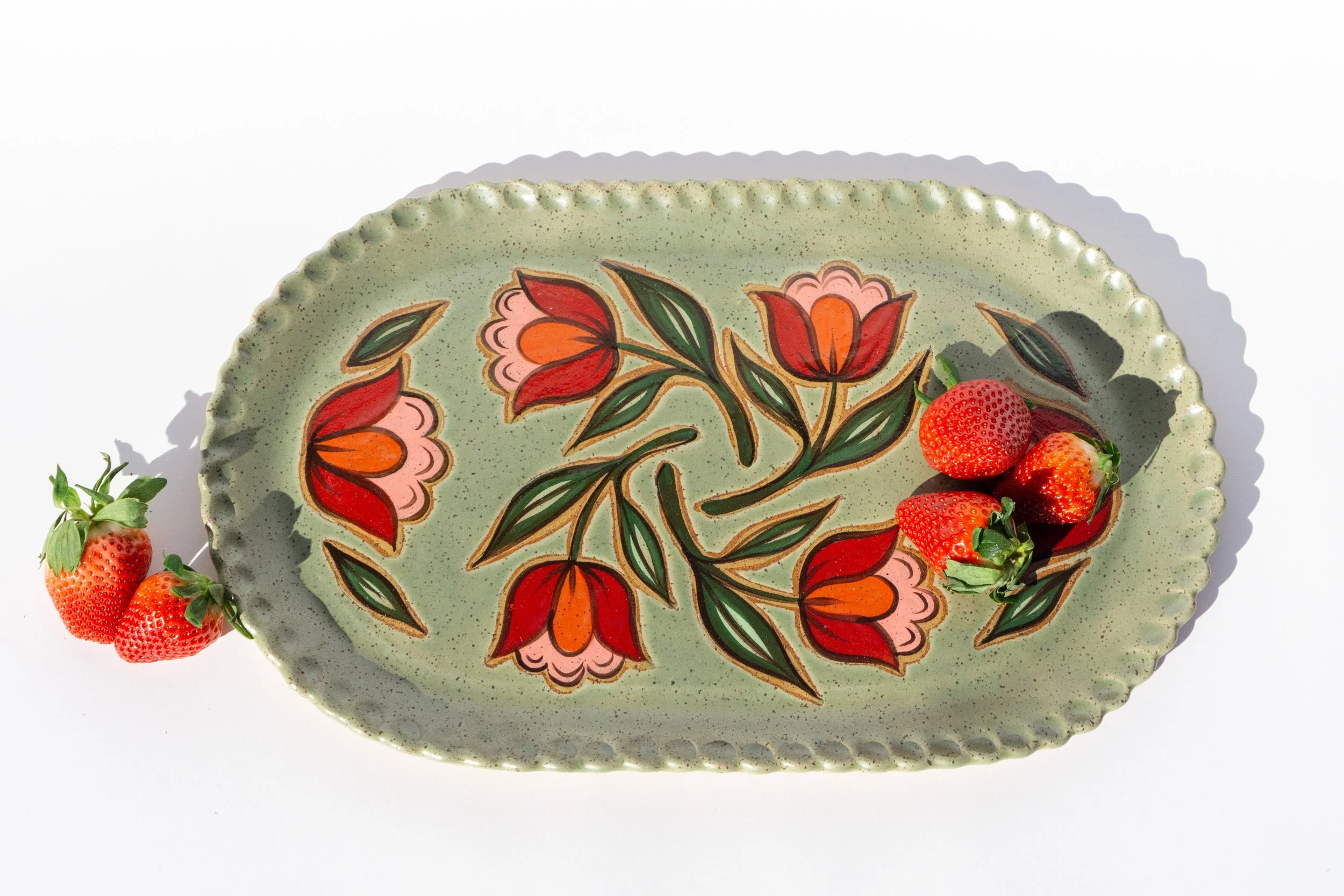 Large Green Platter with Red Flowers