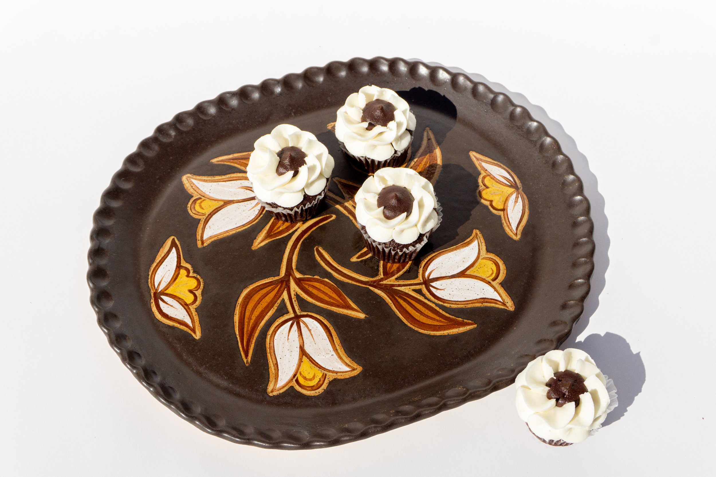Large Brown Platter with White Flowers