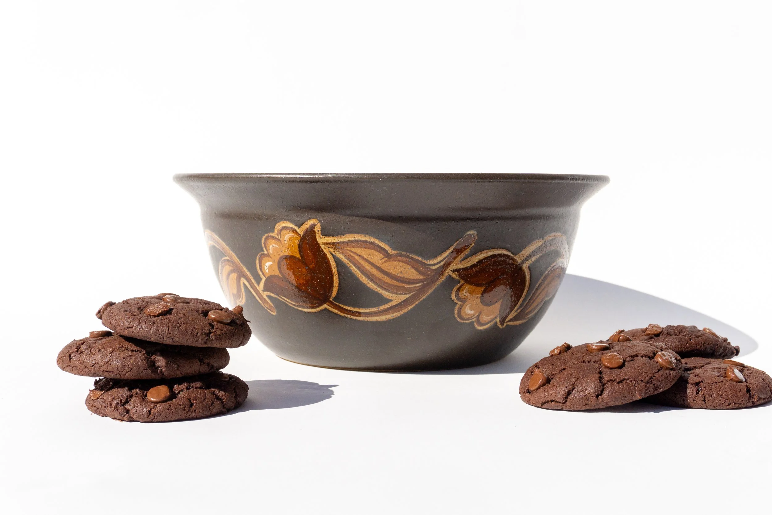 Large Brown Mixing Bowl with Brown Flowers