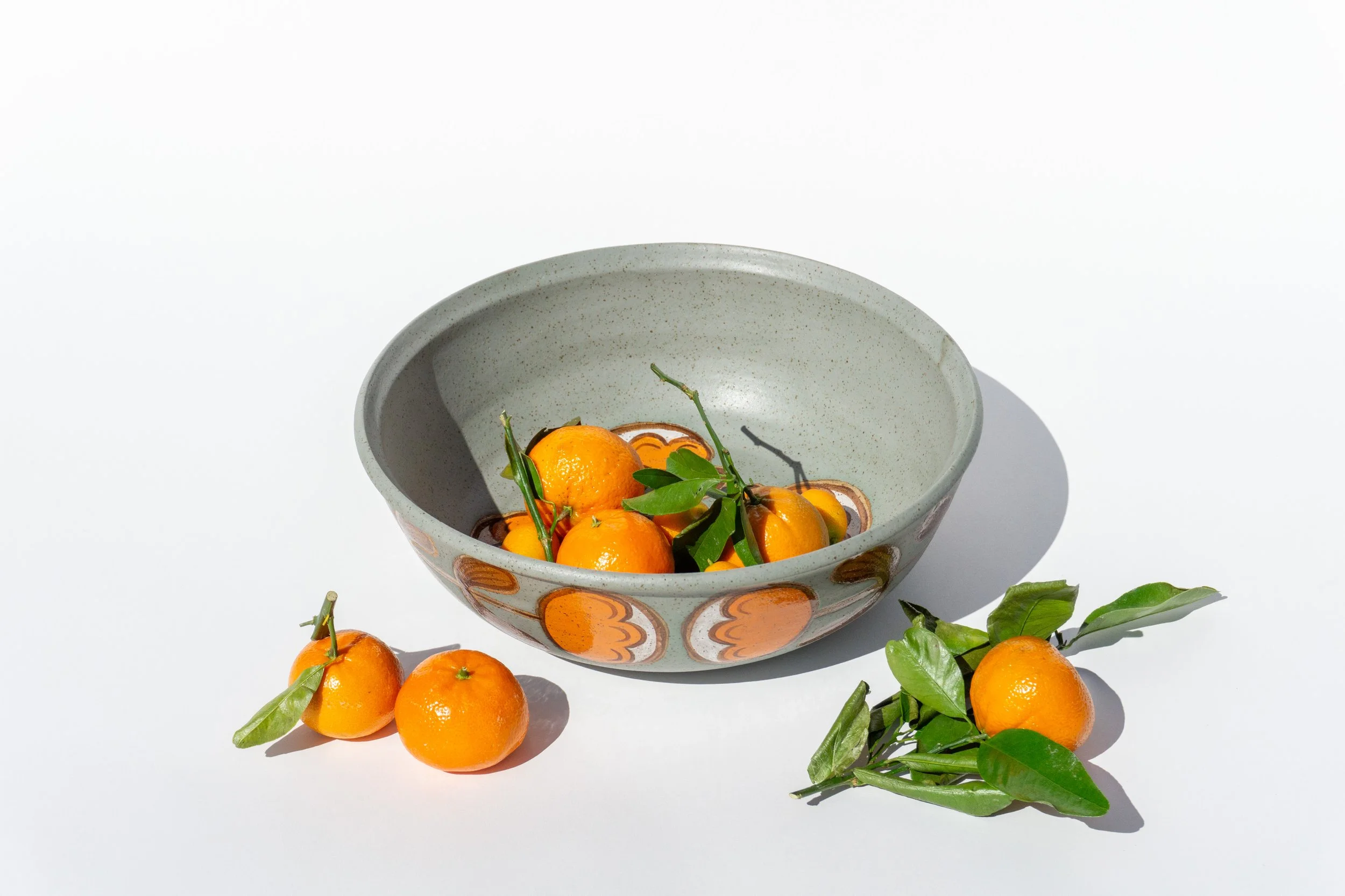 Large Blue Serving Bowl with Orange, Mid Century Flowers