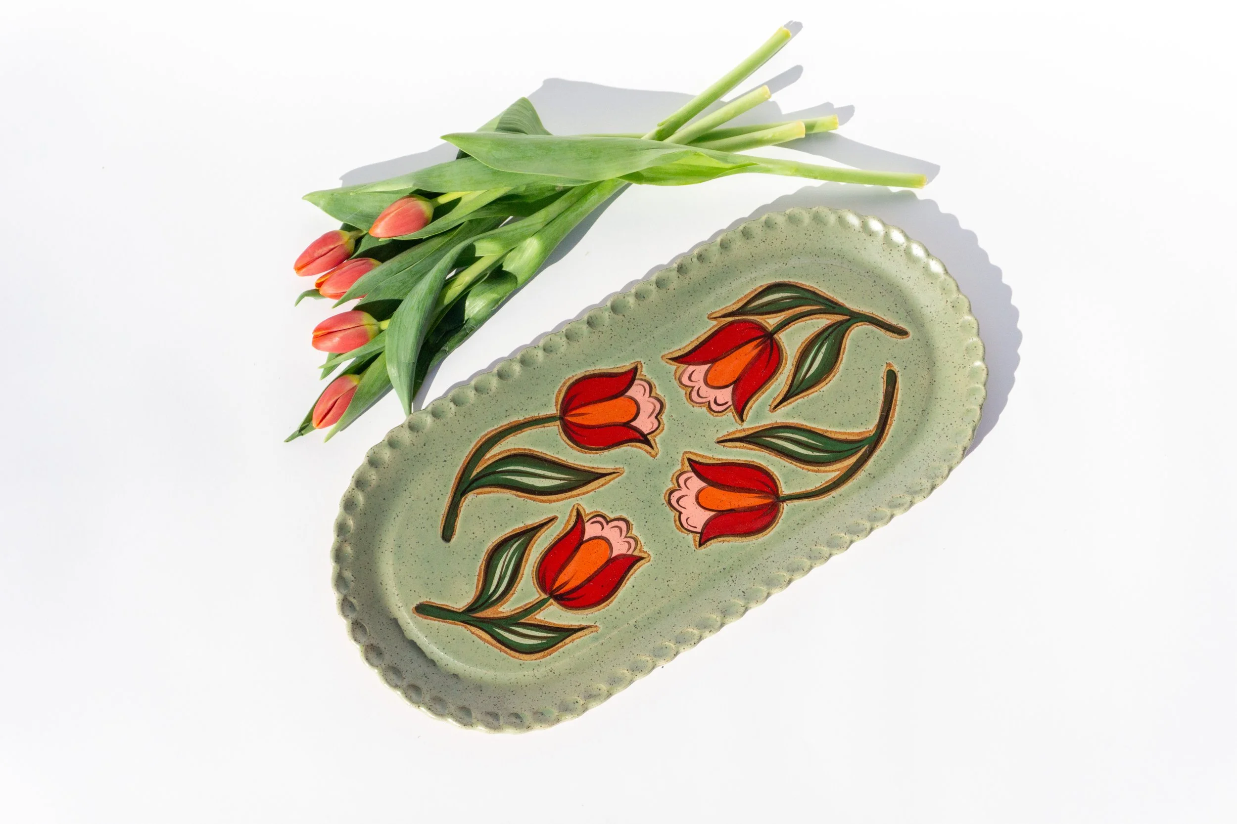 Large Green Platter with Red Flowers