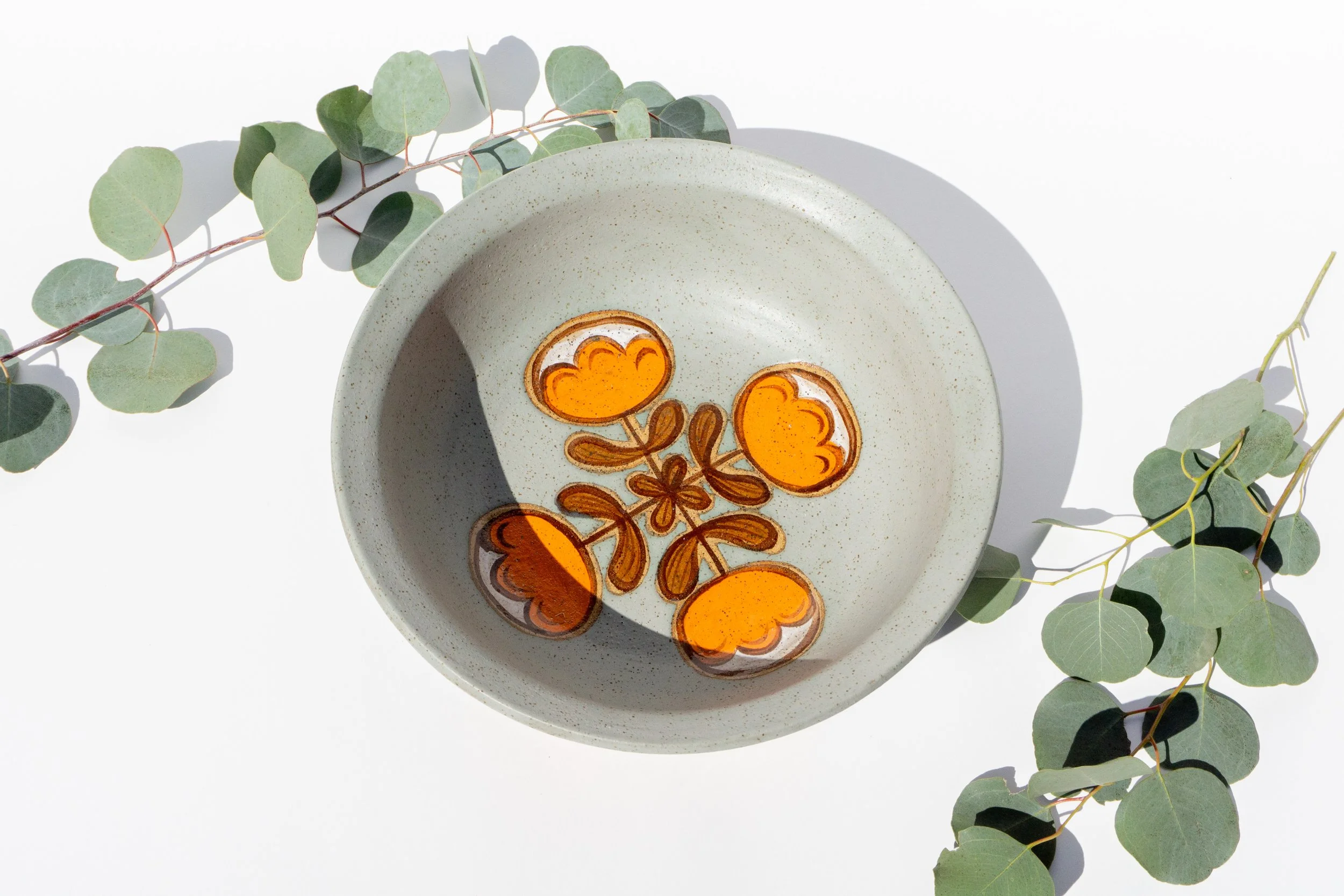 Medium Blue Serving Bowl with Orange, Mid Century Flowers