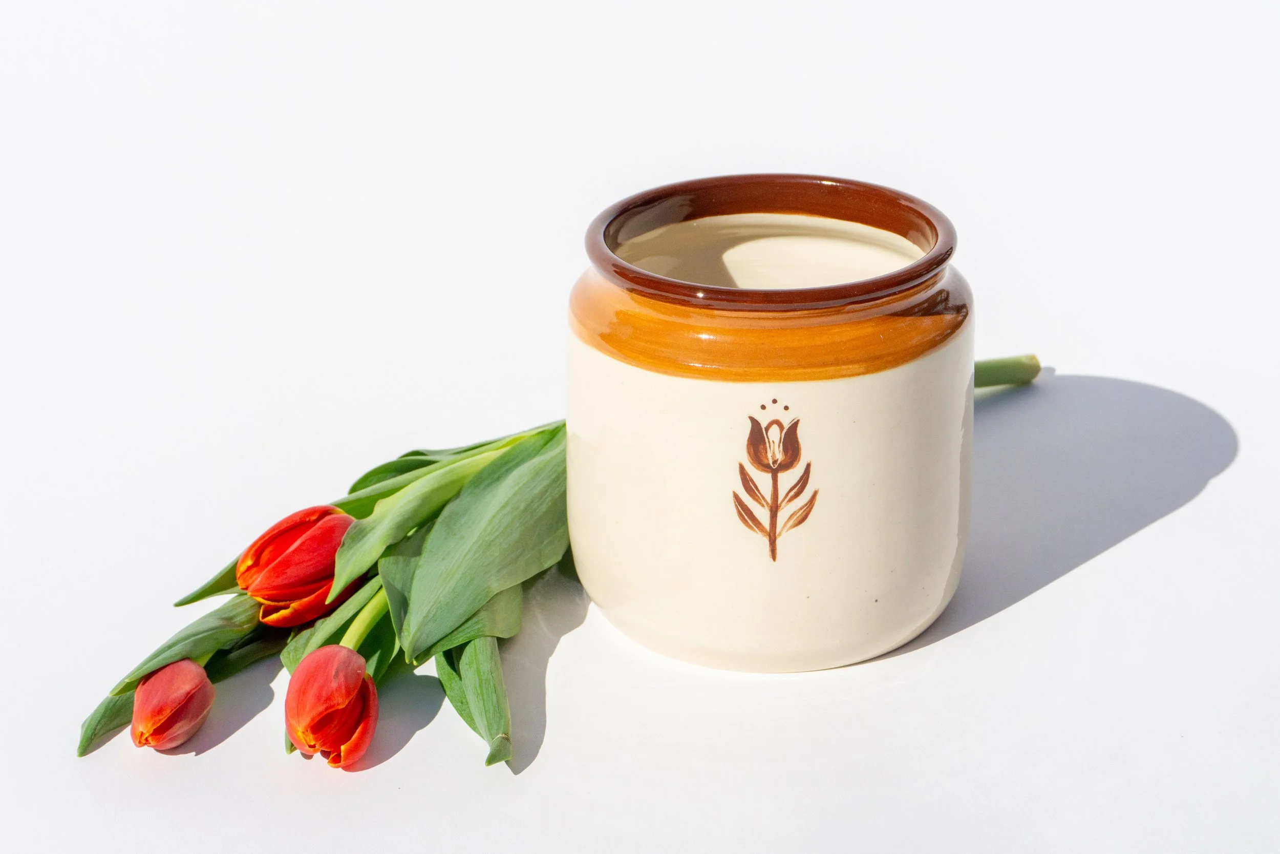 White Crock with Brown Flowers