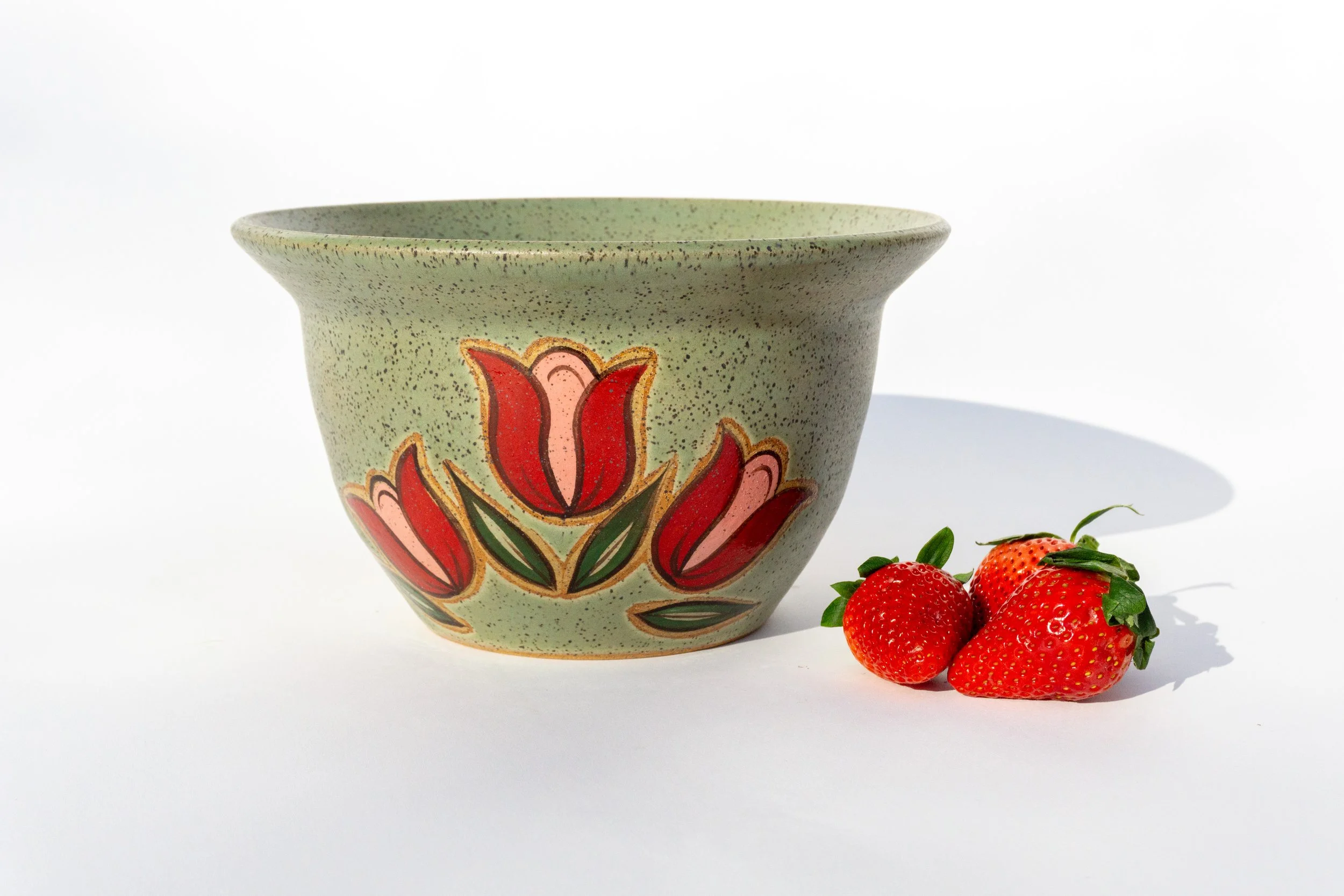 Medium Green Mixing Bowl with Red Flowers
