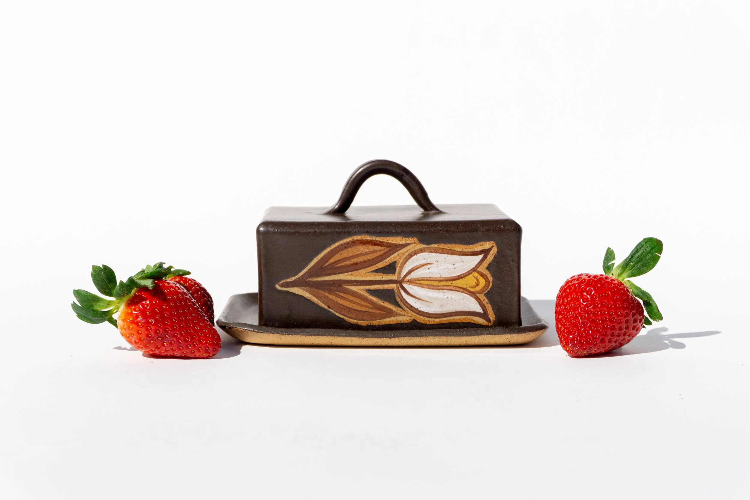 Brown Butter Dish with White Flowers