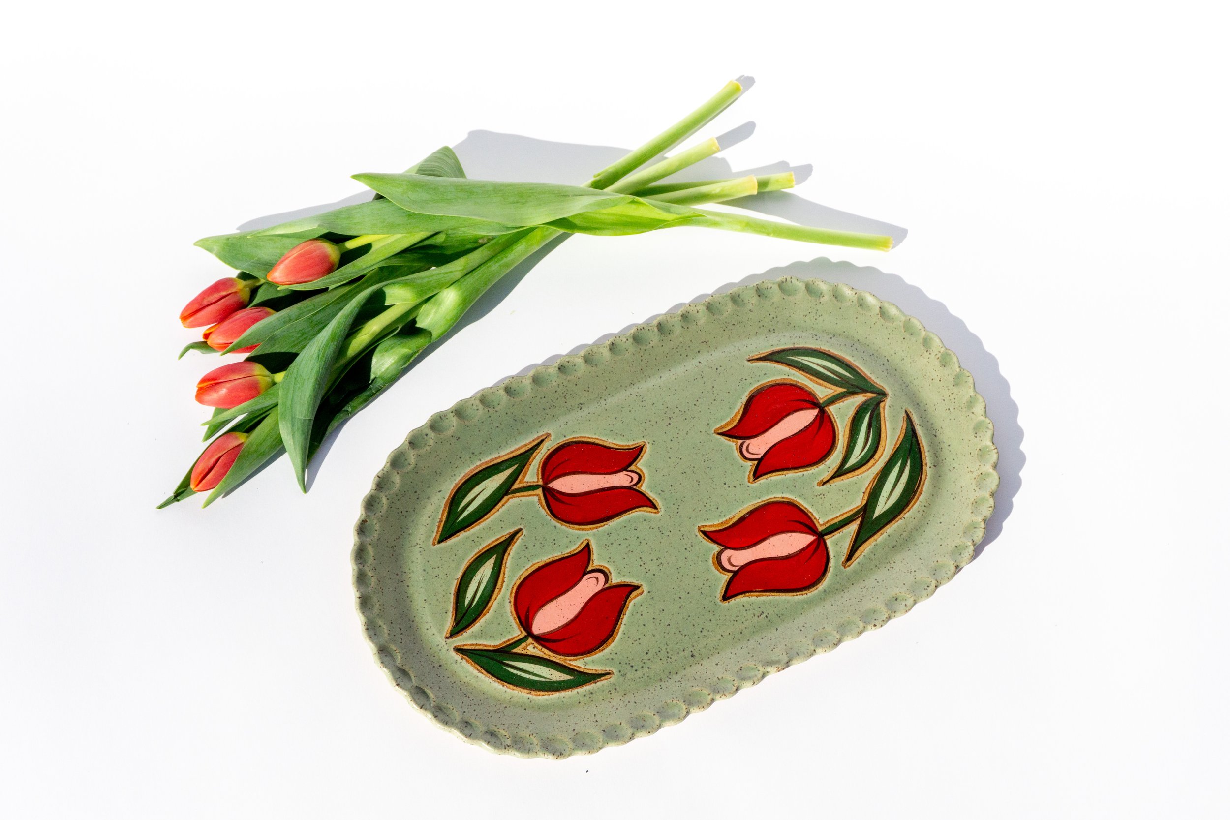 Medium Green Platter with Red Flowers