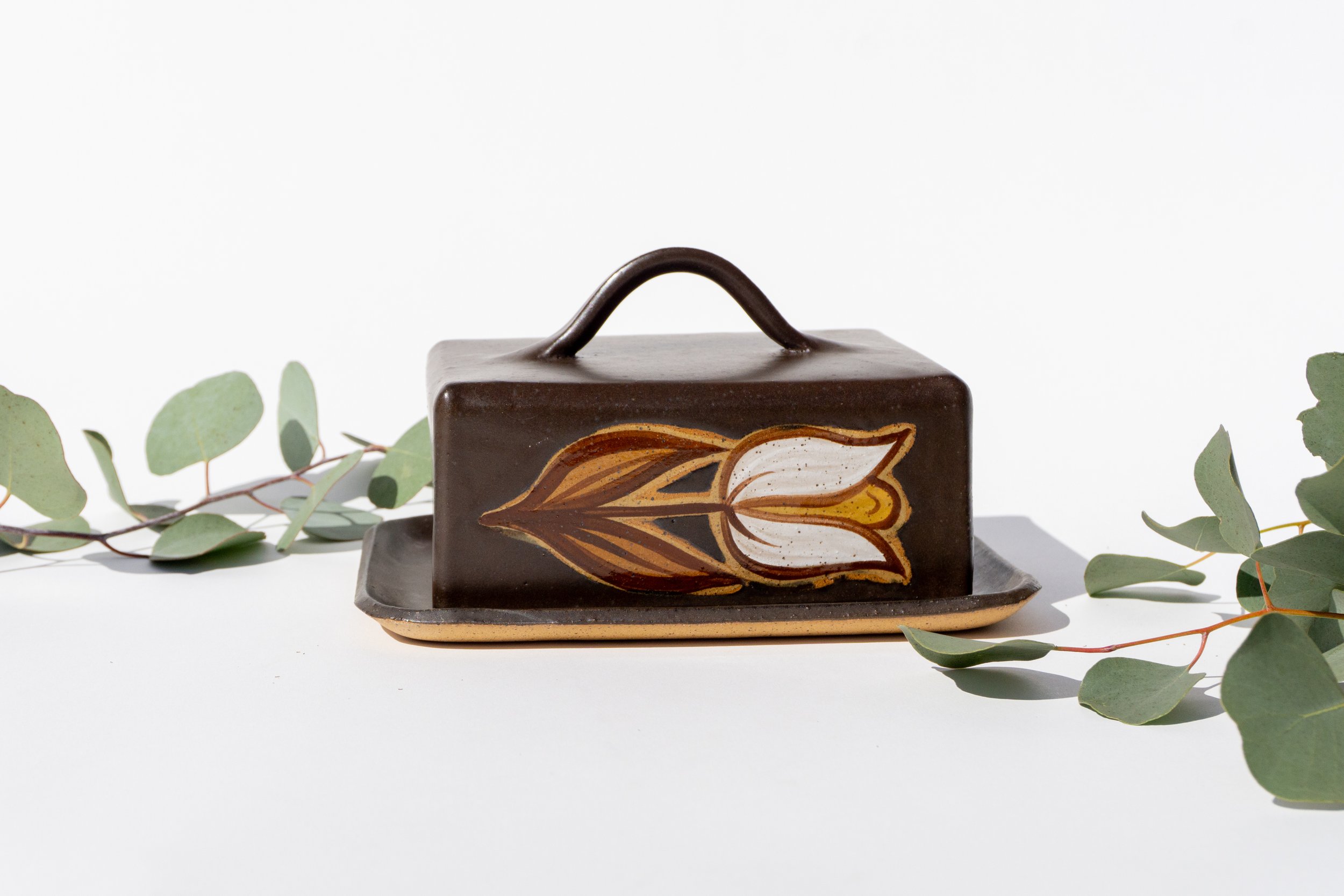 Brown Butter Dish with White Flowers