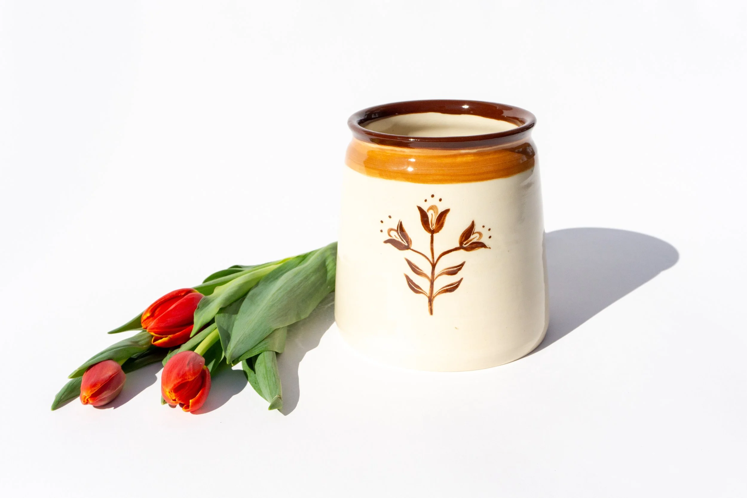 White Crock with Brown Flowers