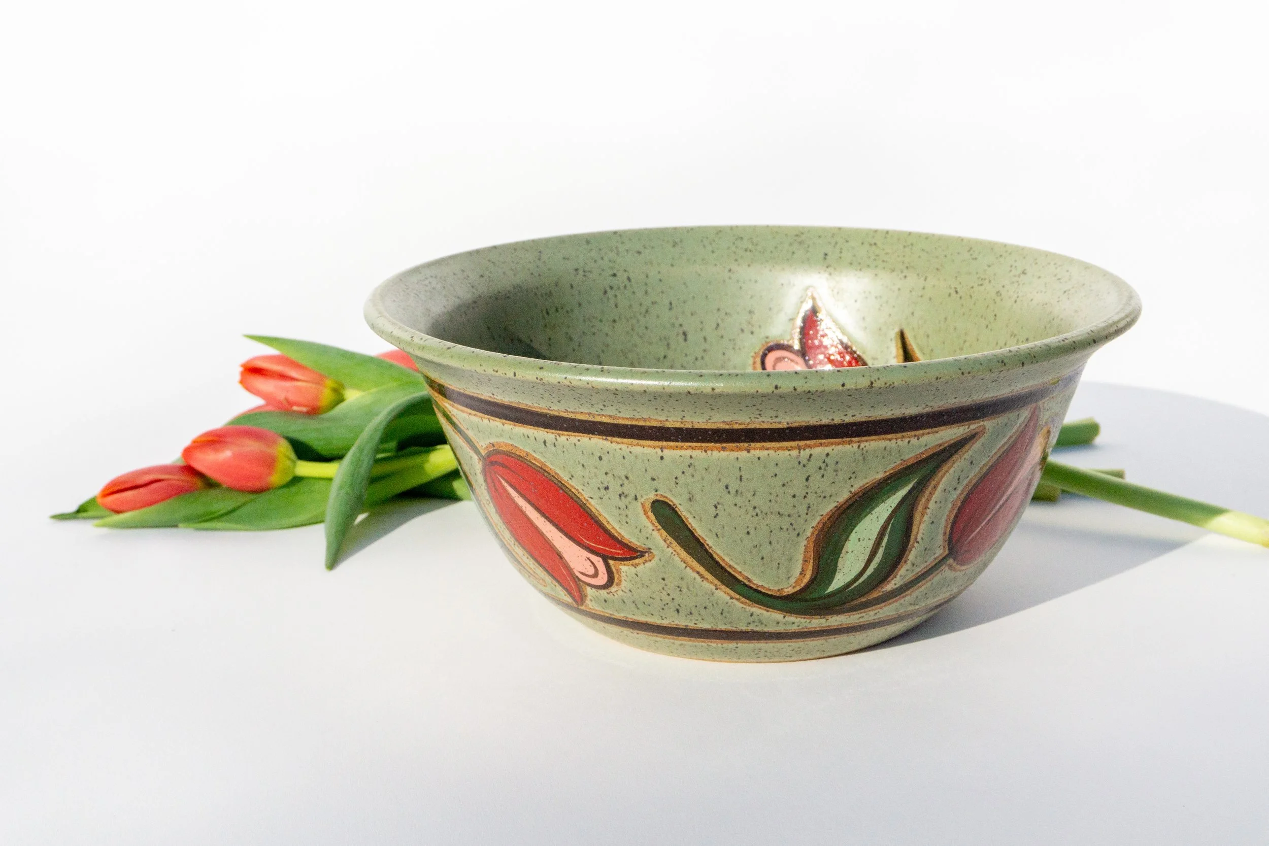 Medium Green Mixing Bowl with Red Flowers