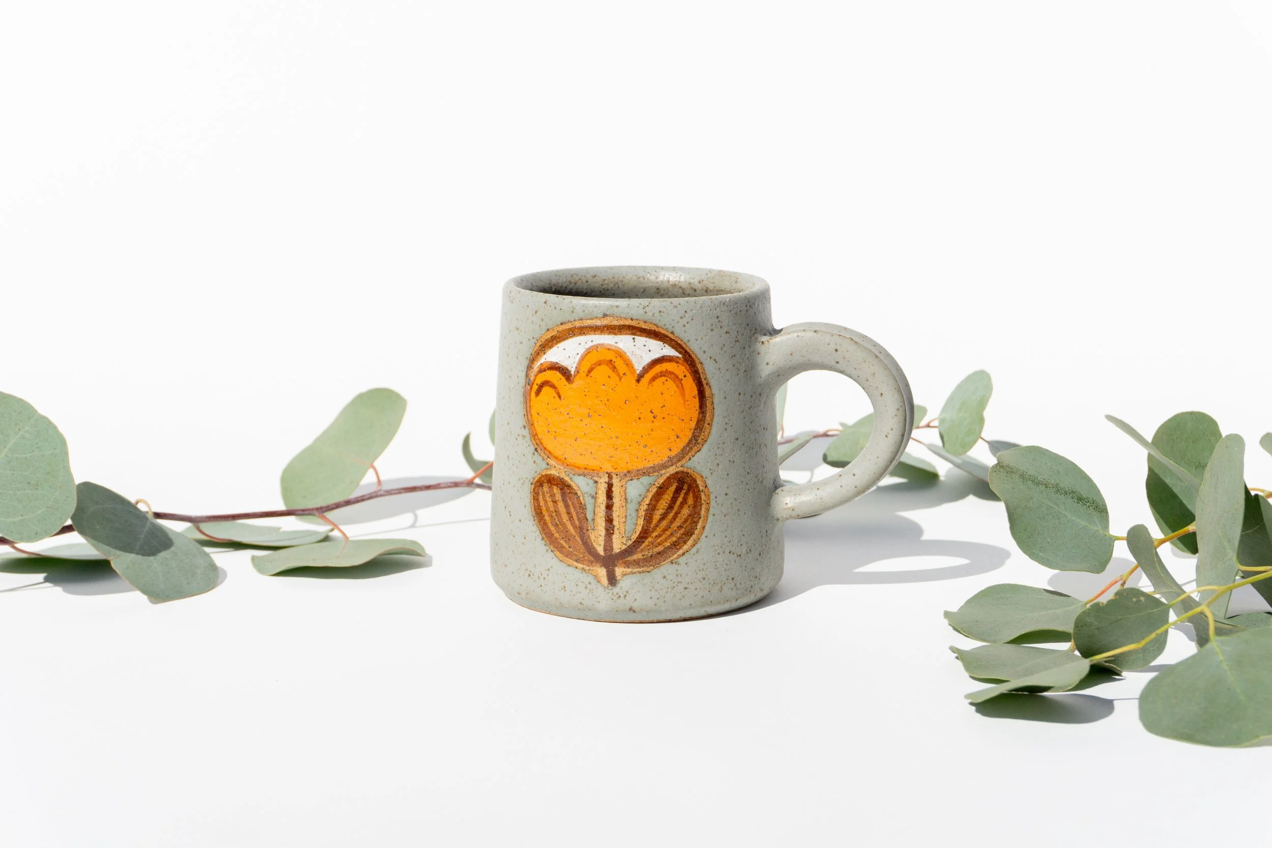 Blue Mug with Orange, Mid Century Flowers